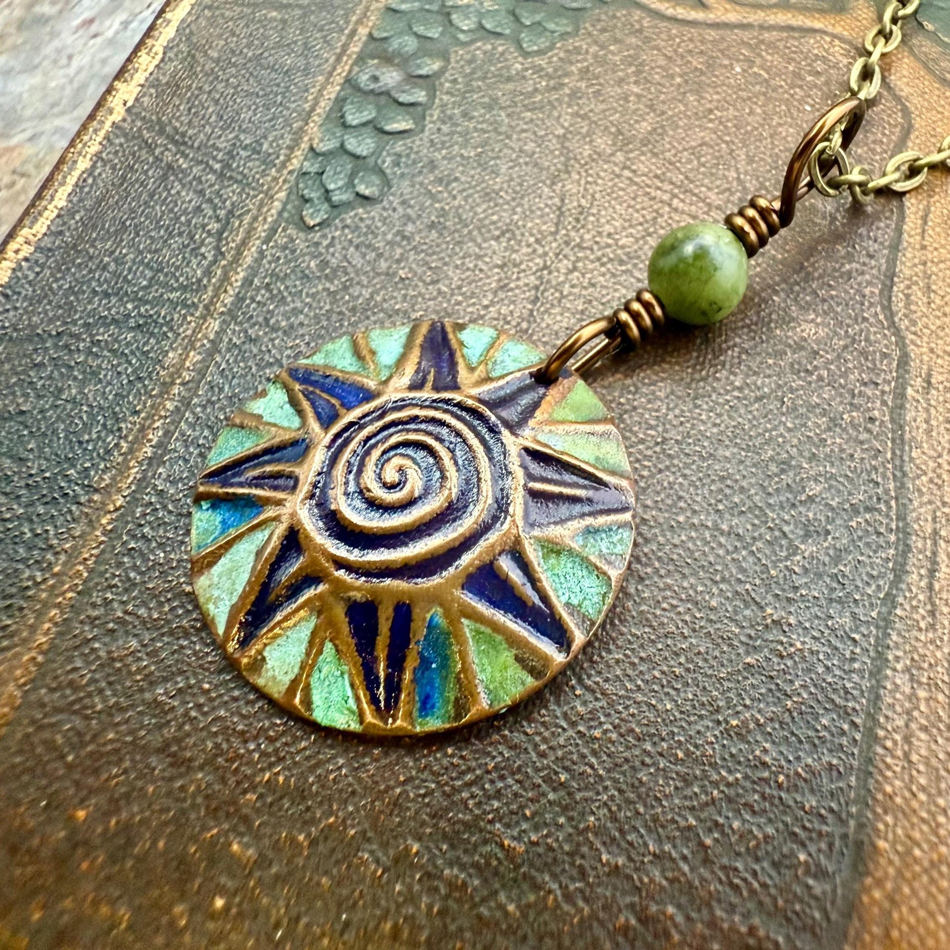 Celtic Sun Spiral Necklace, Copper Patina Pendant, Connemara Marble Bead, Irish Celtic Spirals, Colorful Sun, Pagan Celtic Witch, Handmade
