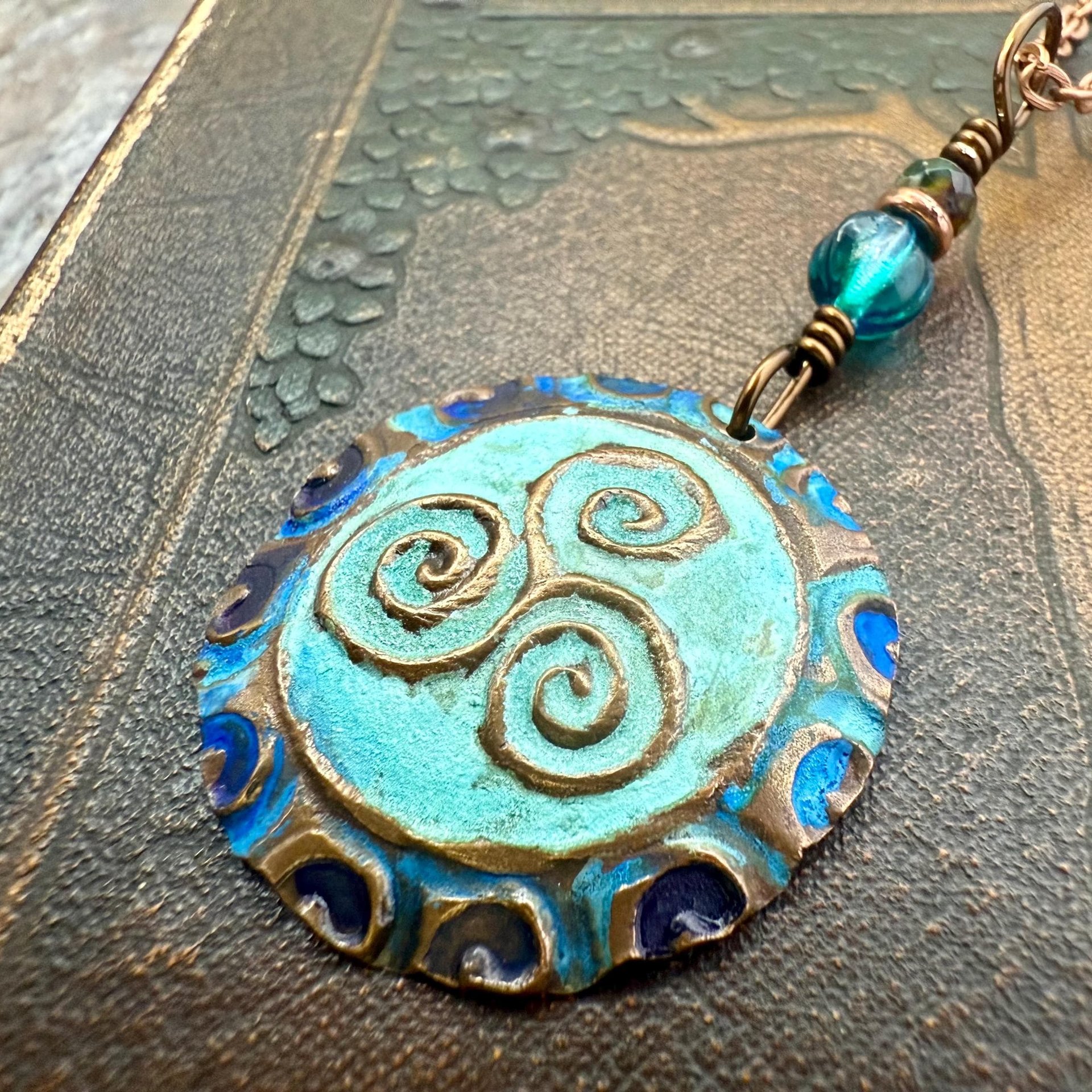 Triskele Copper Pendant, Verdigris Patina, Hand Carved, Czech Glass Beads, Triskelion Triple Spiral, Irish Celtic Pagan, Newgrange Ireland