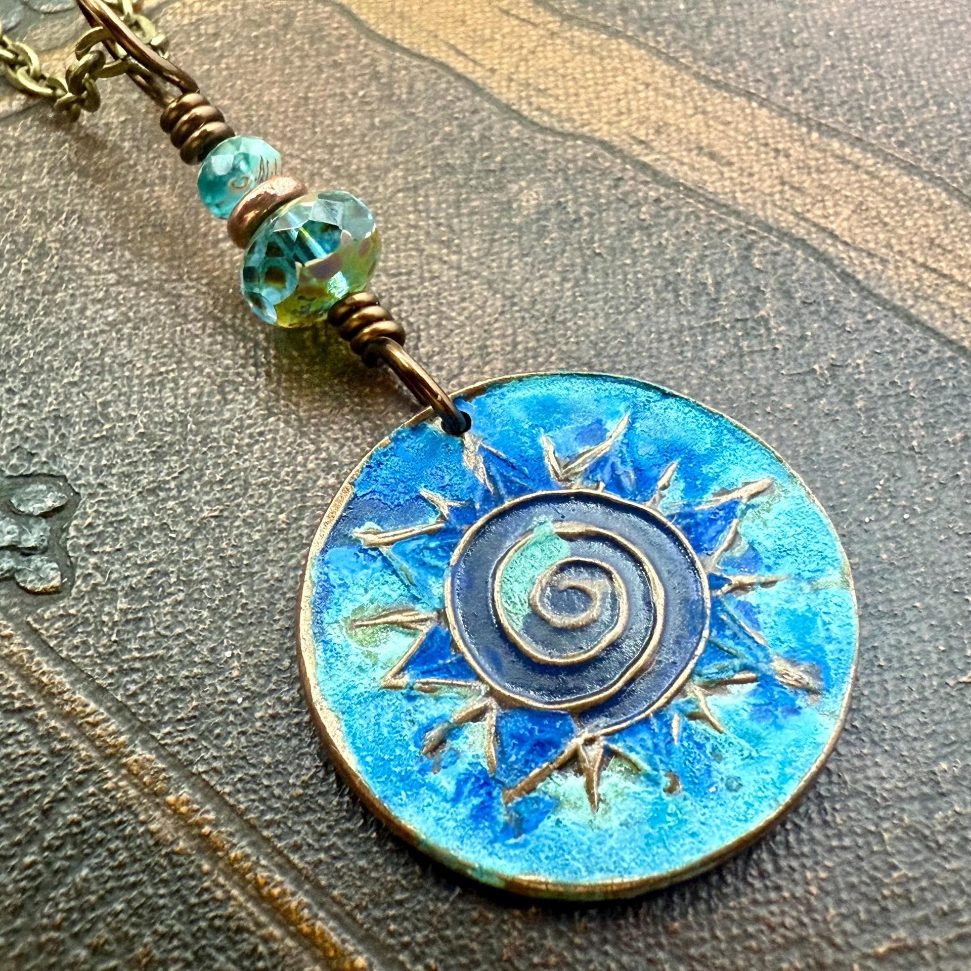 Celtic Sun Spiral Necklace, Copper Patina Pendant, Czech Glass Beads, Irish Celtic Spirals, Colorful Sun, Pagan Celtic Witch, Sun Goddess