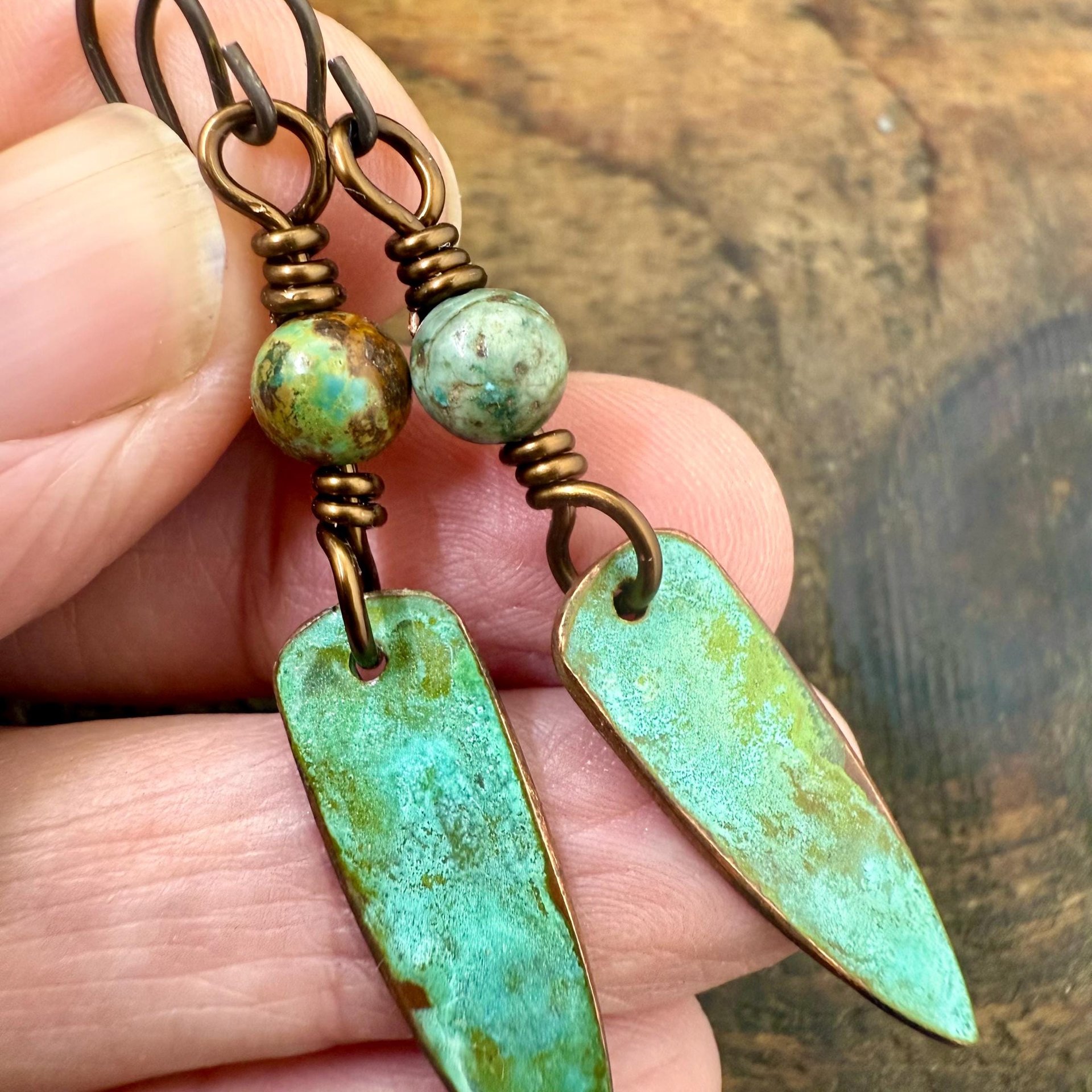 Verdigris Earrings, Copper Patina, Dagger Dangle, Turquoise Beads, Boho Hippie Style, Blue Green Earthy, Soul Harbor Jewelry, Earth Witch