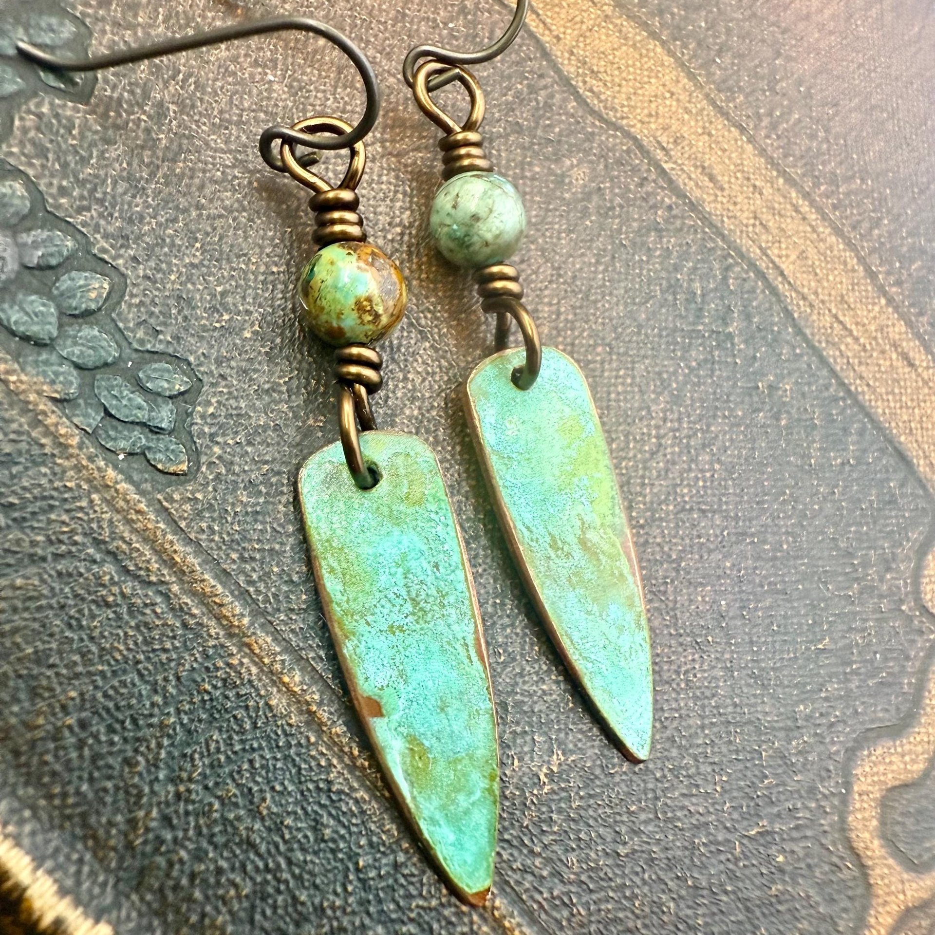 Verdigris Earrings, Copper Patina, Dagger Dangle, Turquoise Beads, Boho Hippie Style, Blue Green Earthy, Soul Harbor Jewelry, Earth Witch