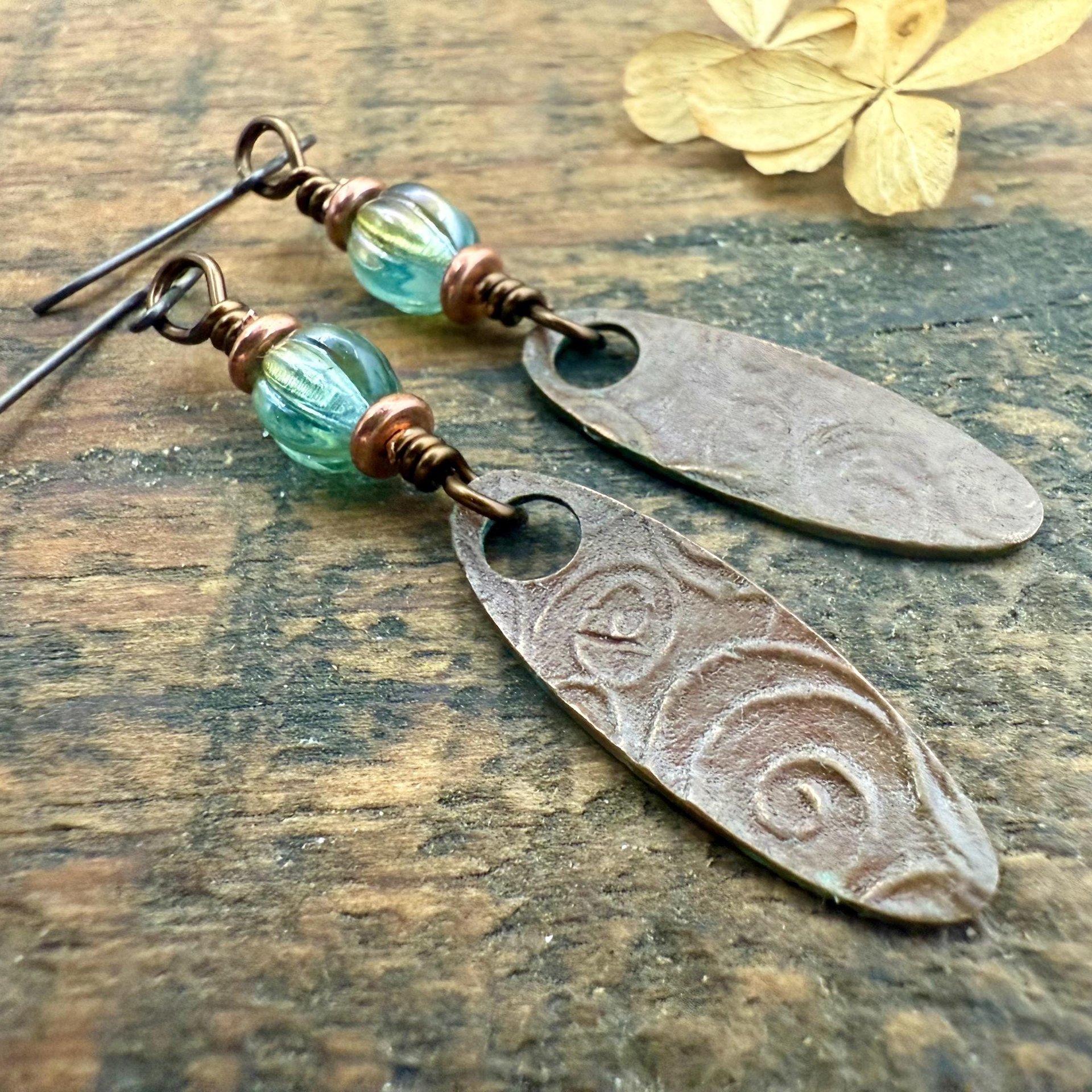 Tribal Verdigris Earrings, Copper Patina, Czech Glass Beads, Boho Hippie Dangles, Green Witch, Blue Green Earthy, Soul Harbor Jewelry