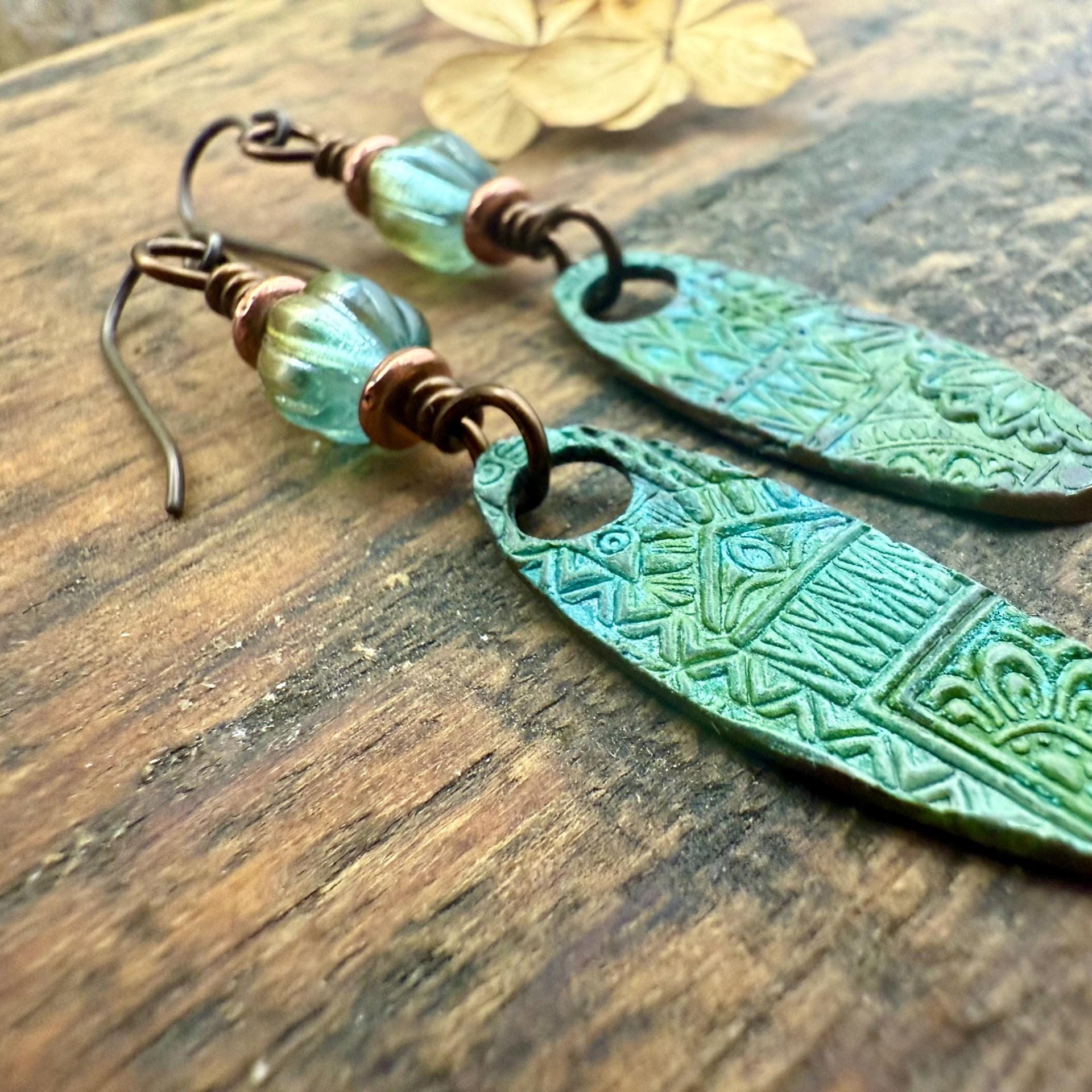 Tribal Verdigris Earrings, Copper Patina, Czech Glass Beads, Boho Hippie Dangles, Green Witch, Blue Green Earthy, Soul Harbor Jewelry