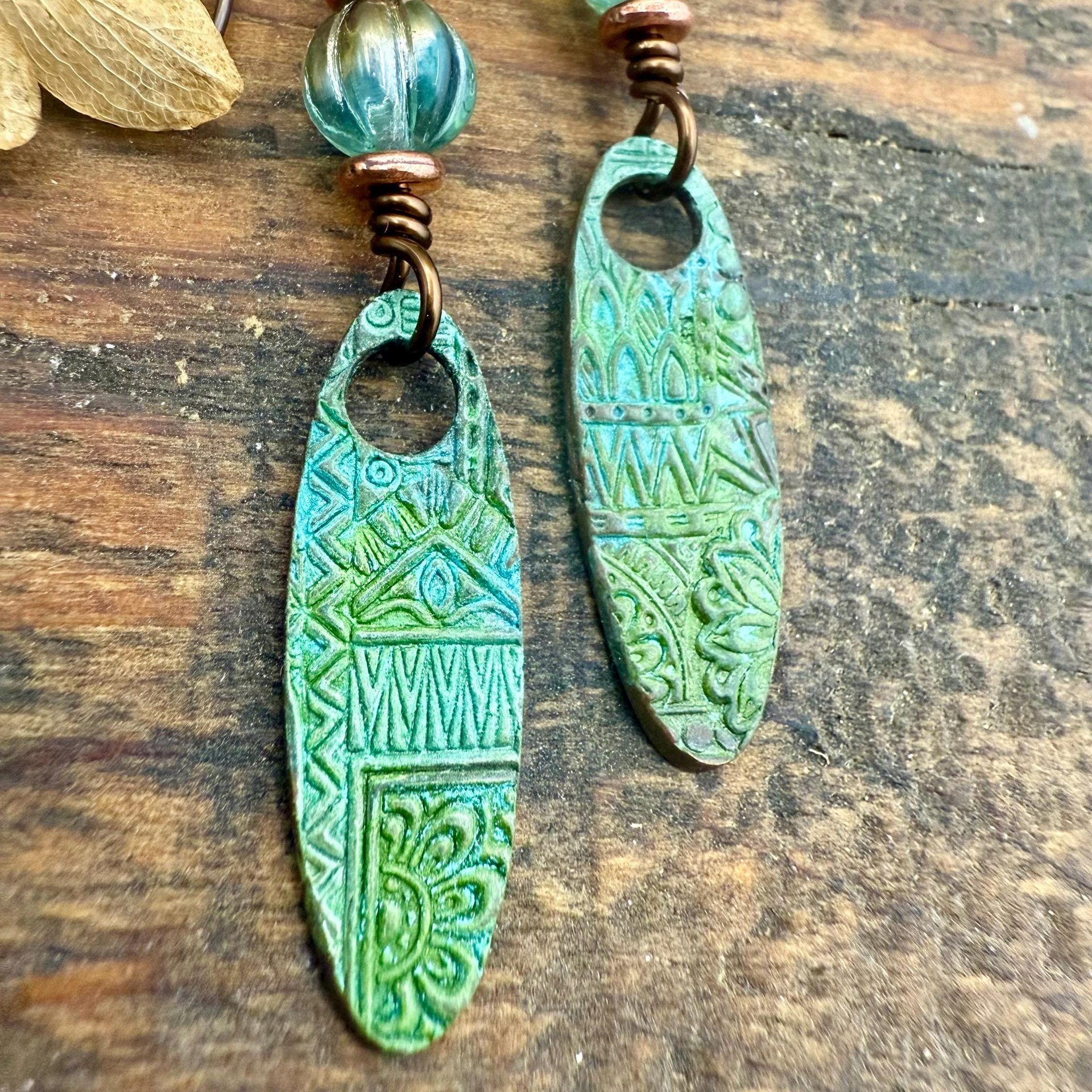 Tribal Verdigris Earrings, Copper Patina, Czech Glass Beads, Boho Hippie Dangles, Green Witch, Blue Green Earthy, Soul Harbor Jewelry