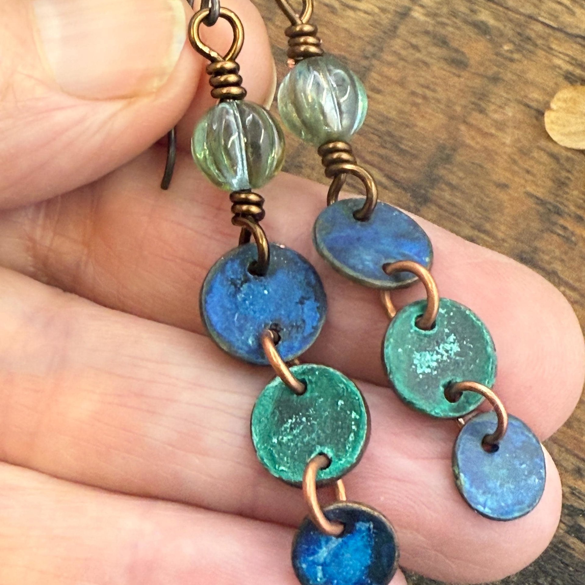 Copper Dangle Earrings, Patina Color, Czech Glass Beads, Hypoallergenic Ear Wires, Earthy Tribal, Boho Chic Style, Disc Drop Earrings