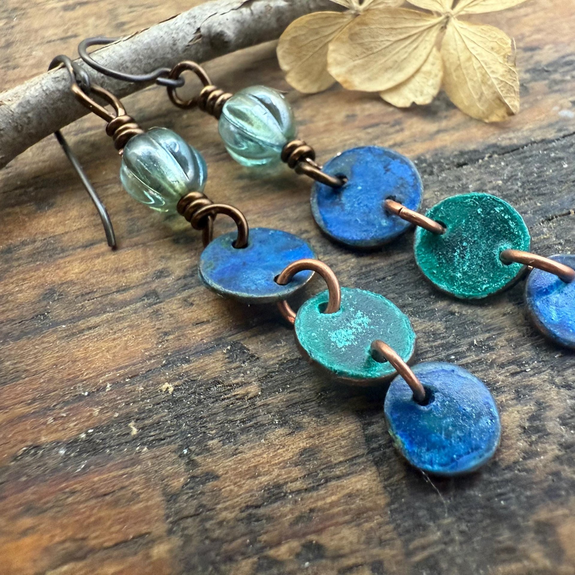Copper Dangle Earrings, Patina Color, Czech Glass Beads, Hypoallergenic Ear Wires, Earthy Tribal, Boho Chic Style, Disc Drop Earrings