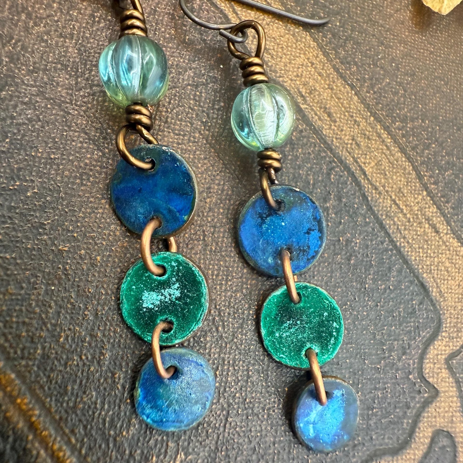 Copper Dangle Earrings, Patina Color, Czech Glass Beads, Hypoallergenic Ear Wires, Earthy Tribal, Boho Chic Style, Disc Drop Earrings