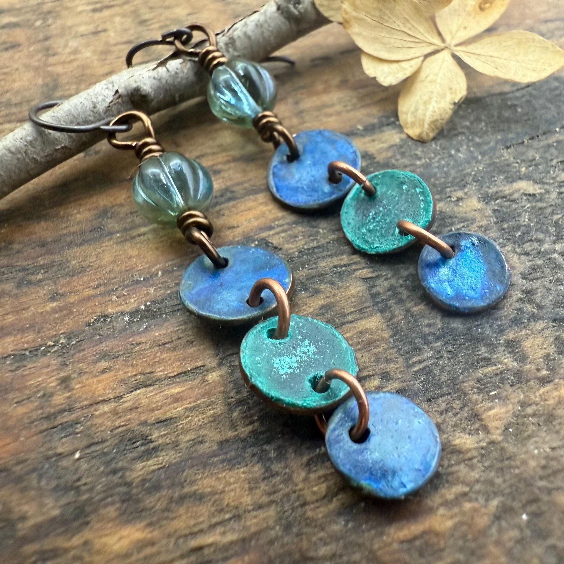 Copper Dangle Earrings, Patina Color, Czech Glass Beads, Hypoallergenic Ear Wires, Earthy Tribal, Boho Chic Style, Disc Drop Earrings