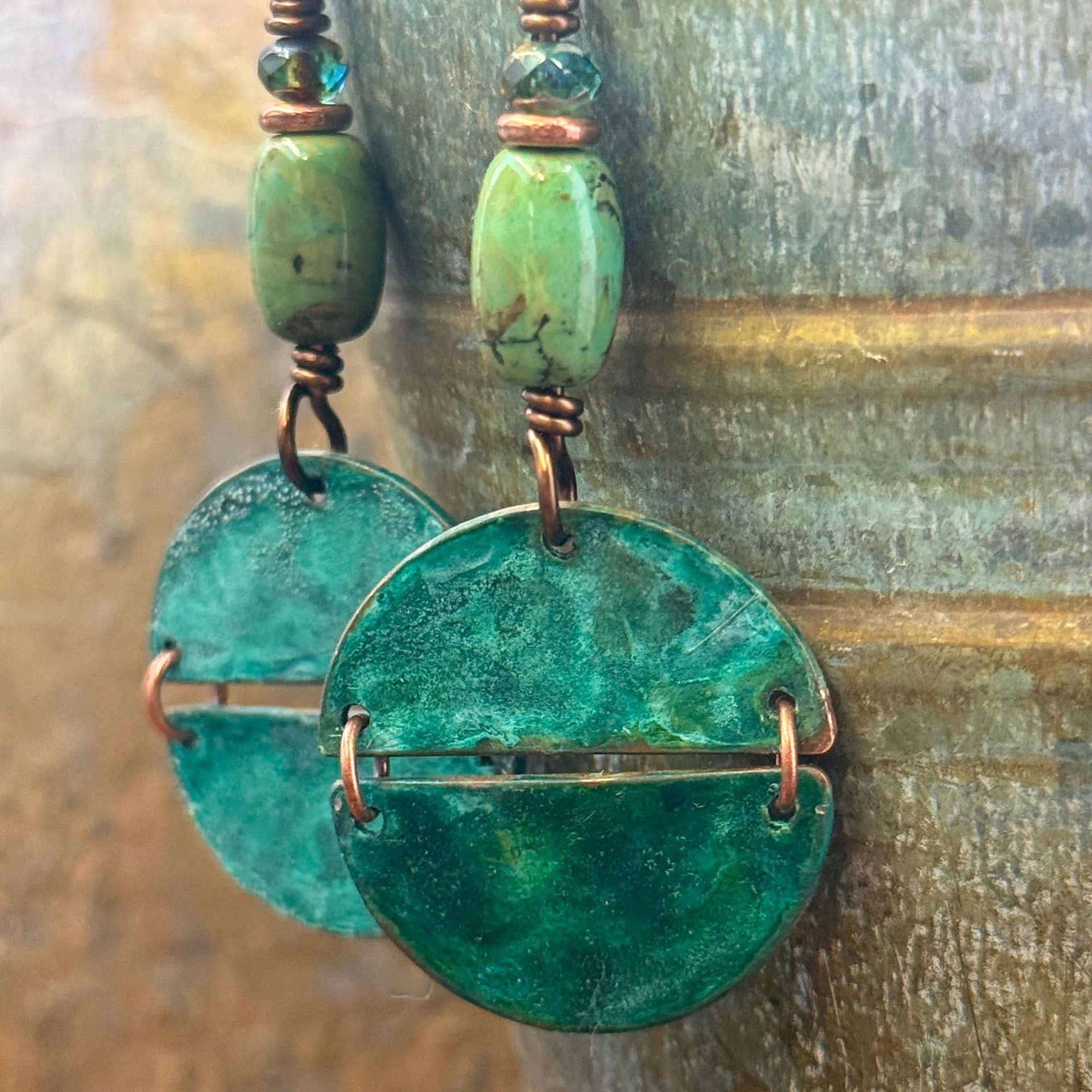 Split Hinged Earrings, Copper Verdigris Patina, Turquoise Beads, Boho Hippie Dangles, Green Witch, Blue Green Earthy, Rustic Art jewelry