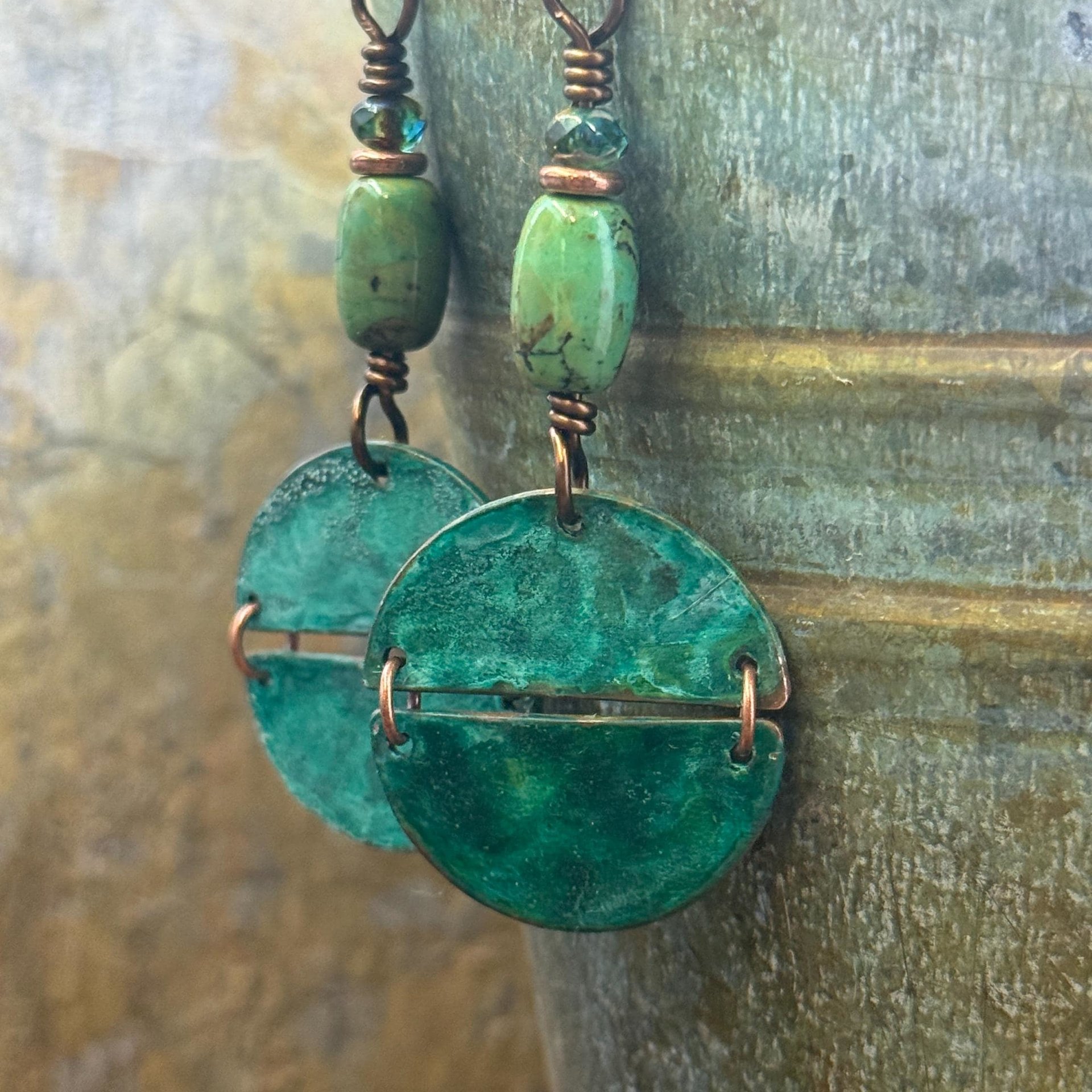 Split Hinged Earrings, Copper Verdigris Patina, Turquoise Beads, Boho Hippie Dangles, Green Witch, Blue Green Earthy, Rustic Art jewelry