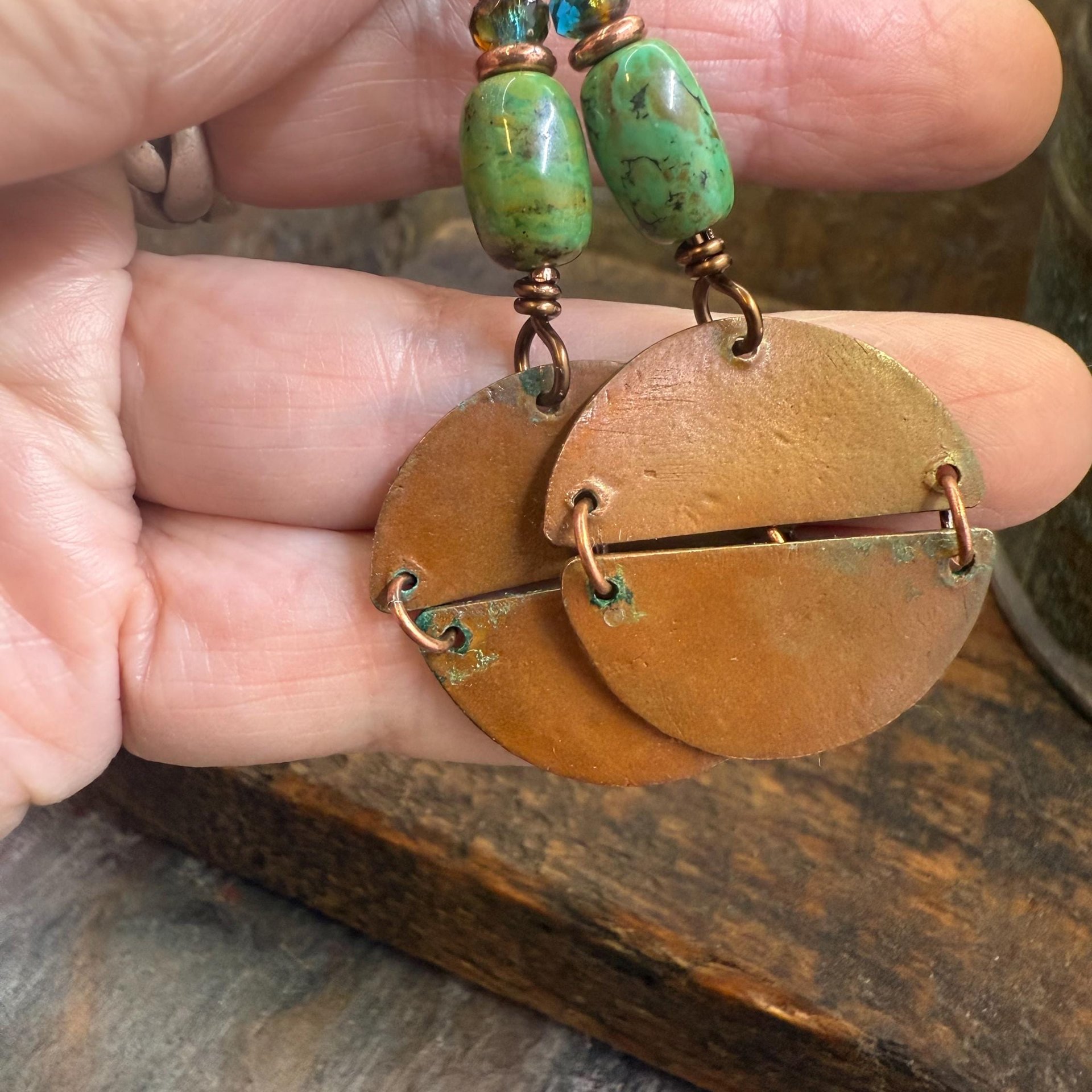 Split Hinged Earrings, Copper Verdigris Patina, Turquoise Beads, Boho Hippie Dangles, Green Witch, Blue Green Earthy, Rustic Art jewelry