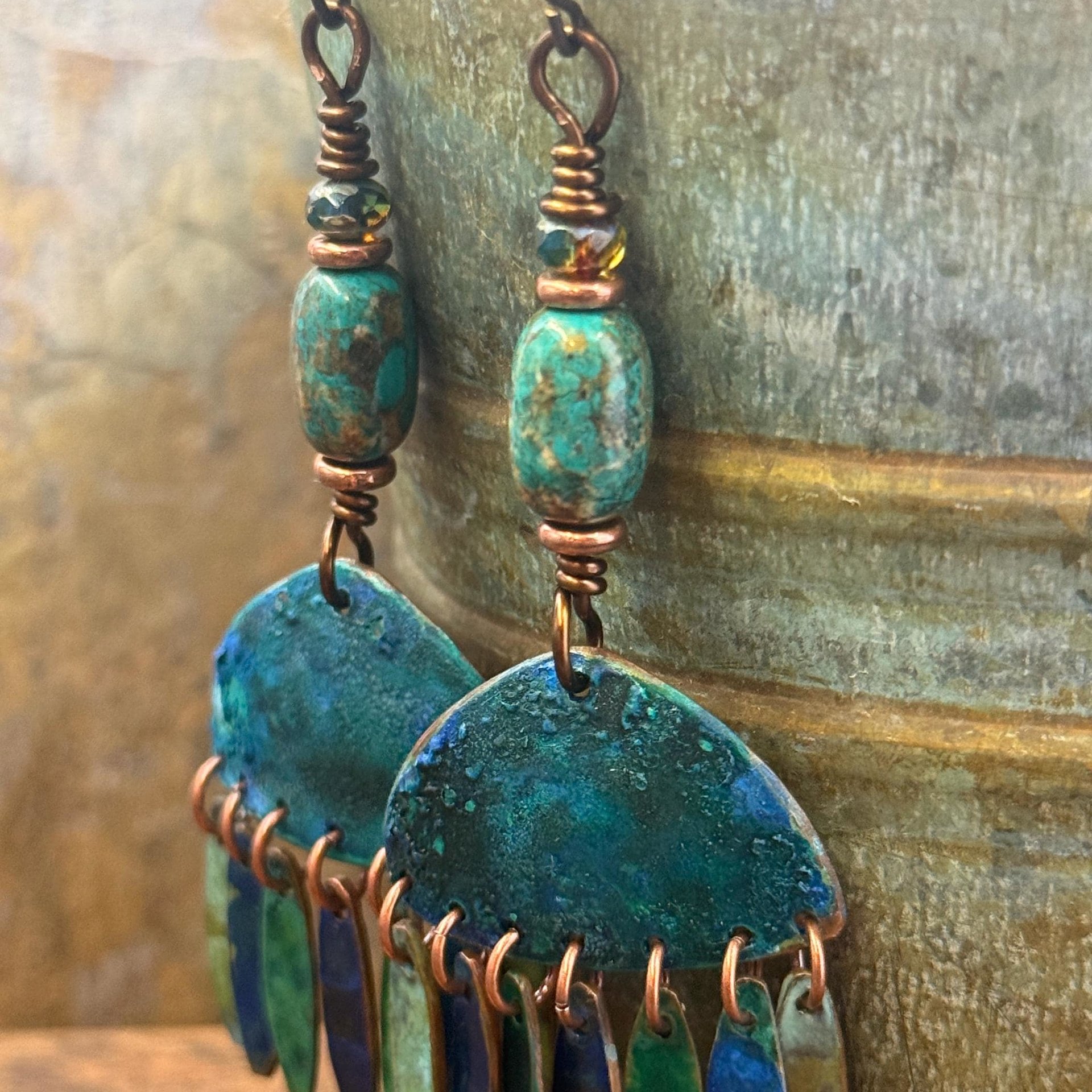 Chandelier Dangle Earrings, Copper & Colorful Patina, African Turquoise Beads, Hypoallergenic Ear Wire, Earthy Rustic, Bohemian, Art Jewelry