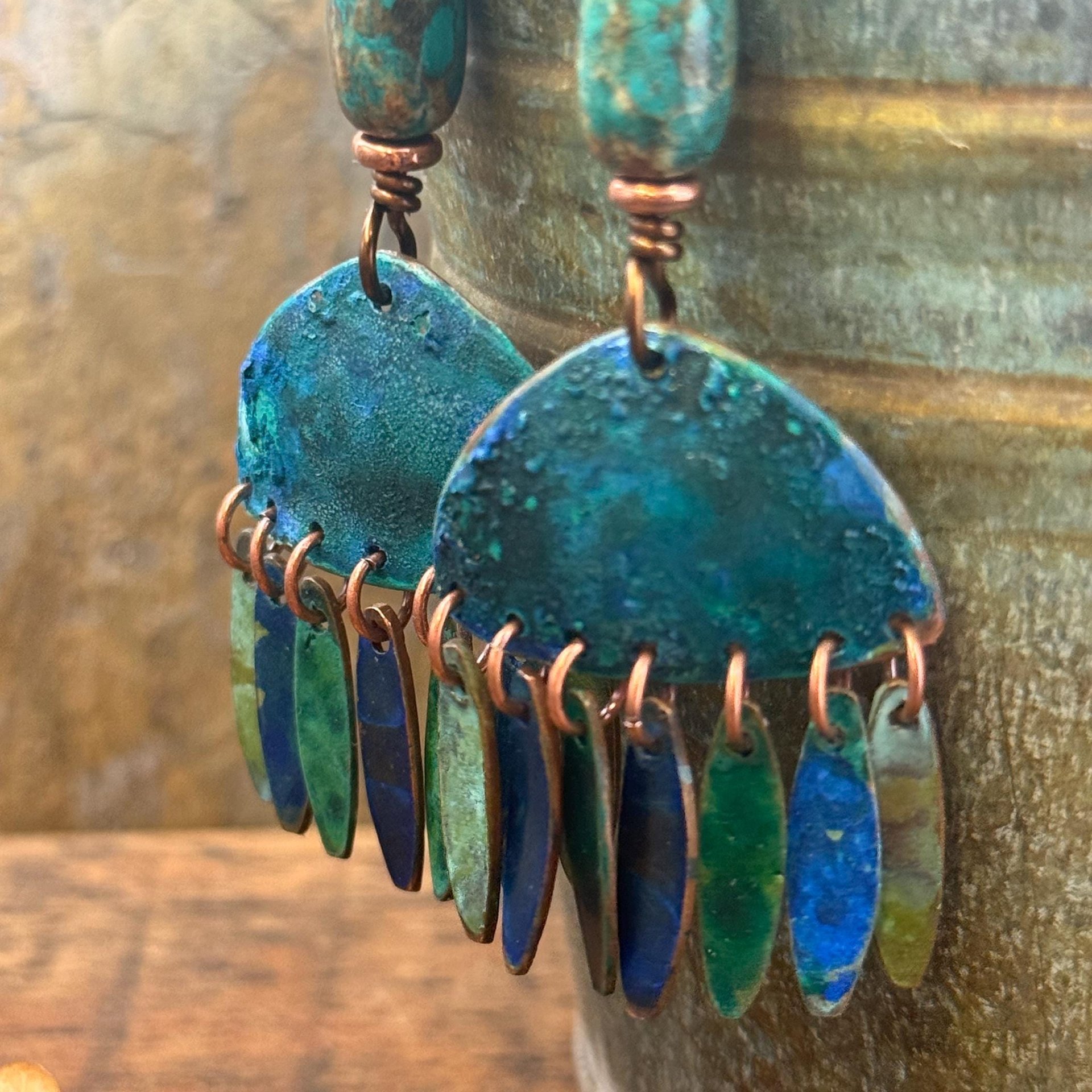 Chandelier Dangle Earrings, Copper & Colorful Patina, African Turquoise Beads, Hypoallergenic Ear Wire, Earthy Rustic, Bohemian, Art Jewelry