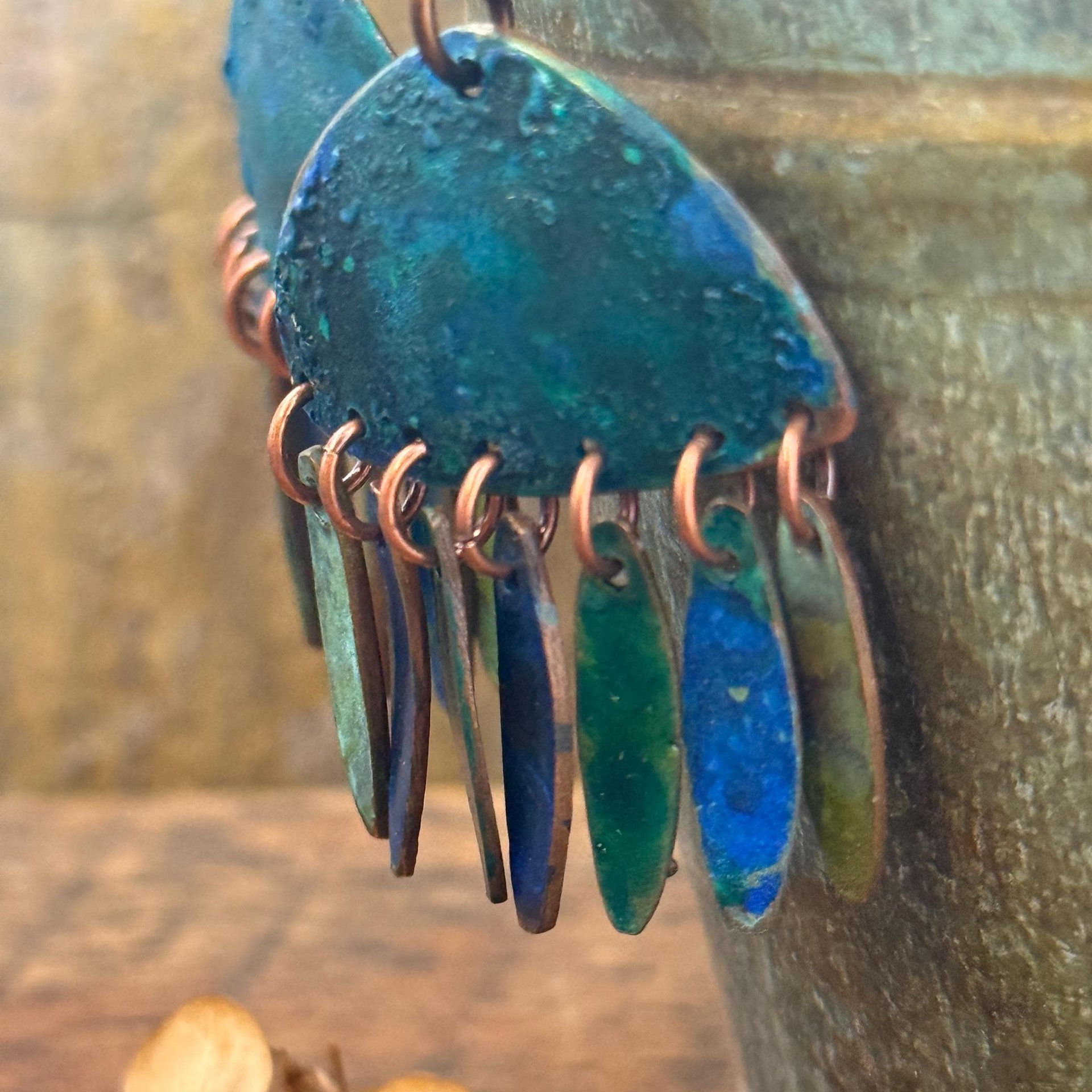 Chandelier Dangle Earrings, Copper & Colorful Patina, African Turquoise Beads, Hypoallergenic Ear Wire, Earthy Rustic, Bohemian, Art Jewelry