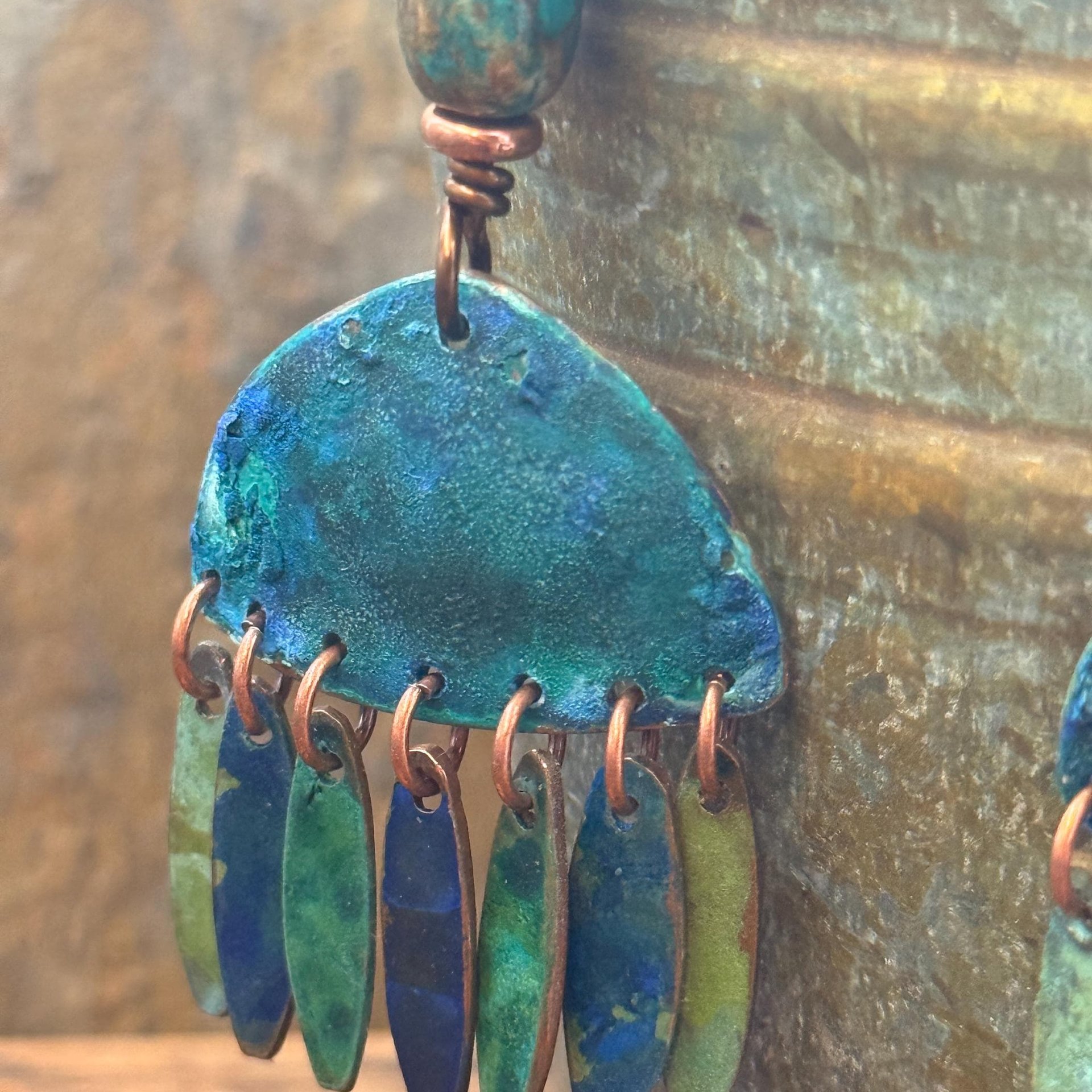Chandelier Dangle Earrings, Copper & Colorful Patina, African Turquoise Beads, Hypoallergenic Ear Wire, Earthy Rustic, Bohemian, Art Jewelry