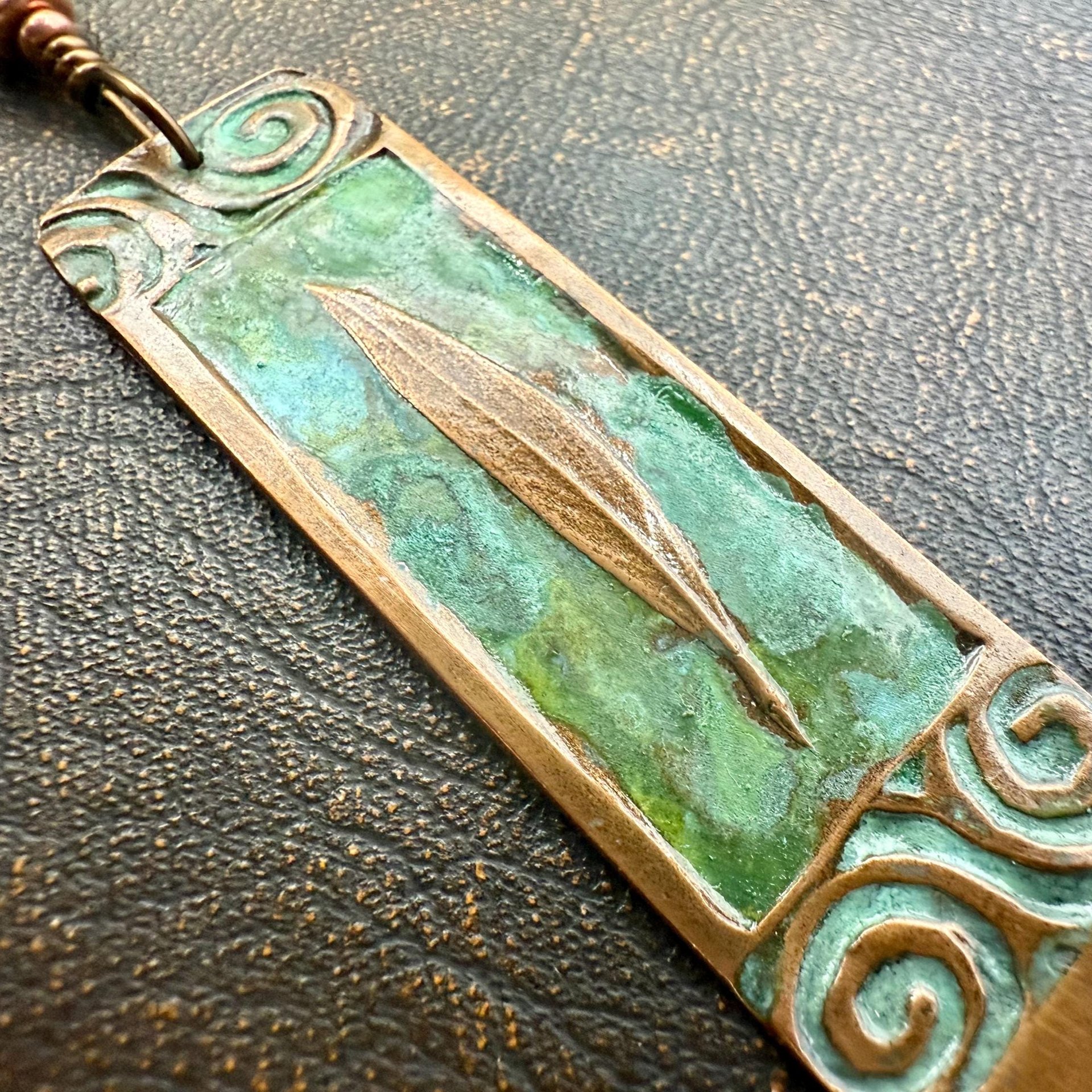 Willow Leaf Copper Pendant, Connemara Marble Bead, Verdigris Patina, Irish Celtic Spirals, Sacred Celtic Tree Astrology, Green Celtic Witch