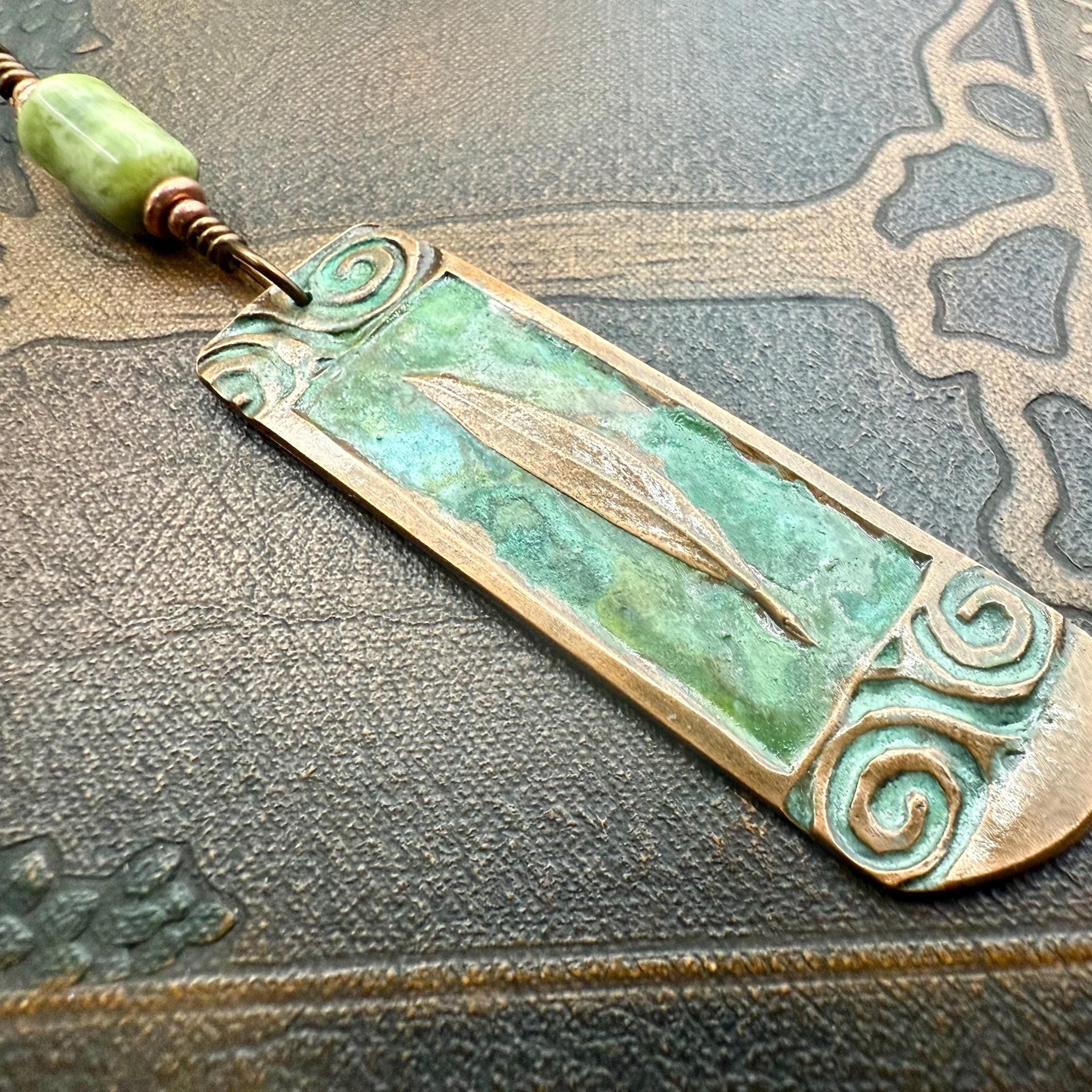 Willow Leaf Copper Pendant, Connemara Marble Bead, Verdigris Patina, Irish Celtic Spirals, Sacred Celtic Tree Astrology, Green Celtic Witch