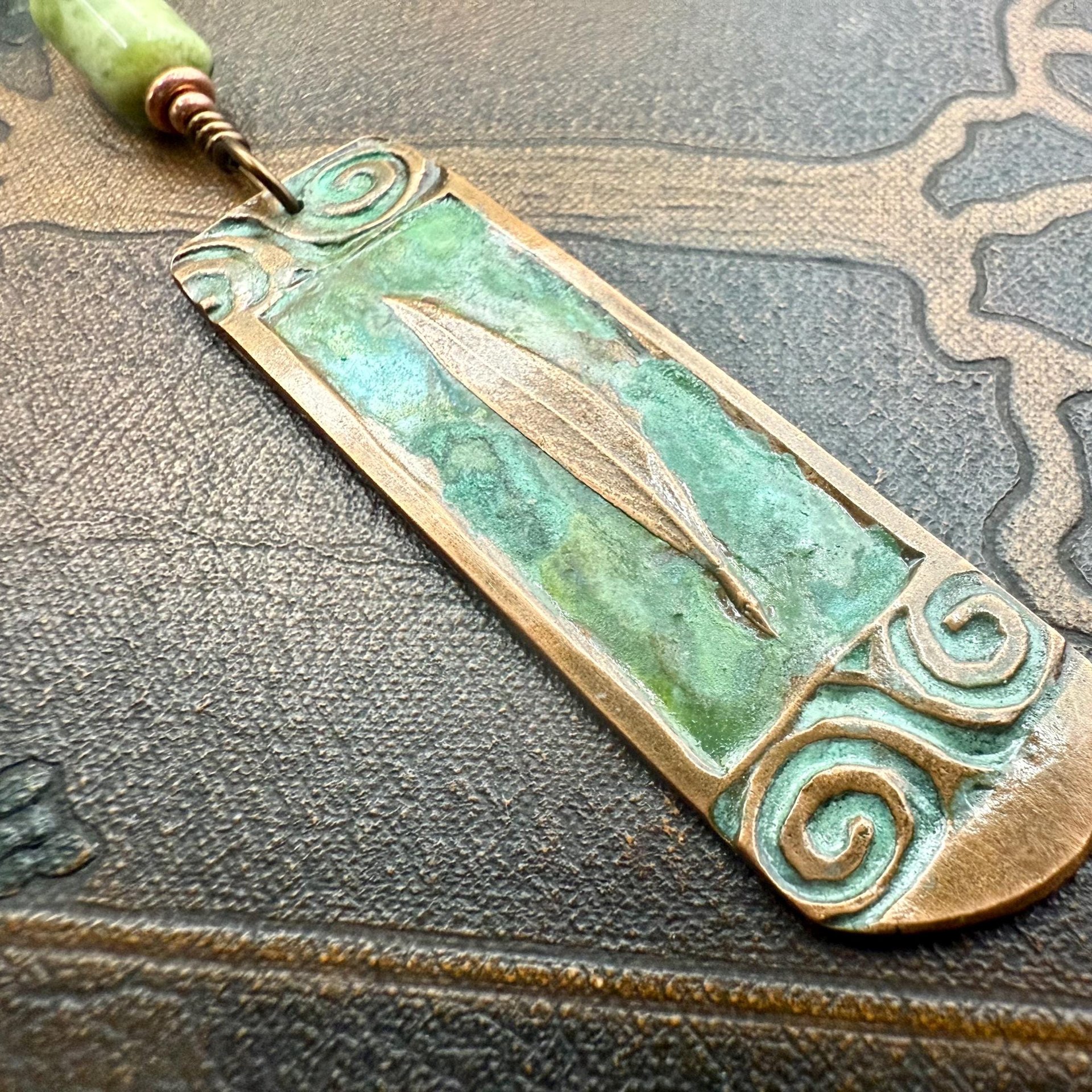 Willow Leaf Copper Pendant, Connemara Marble Bead, Verdigris Patina, Irish Celtic Spirals, Sacred Celtic Tree Astrology, Green Celtic Witch