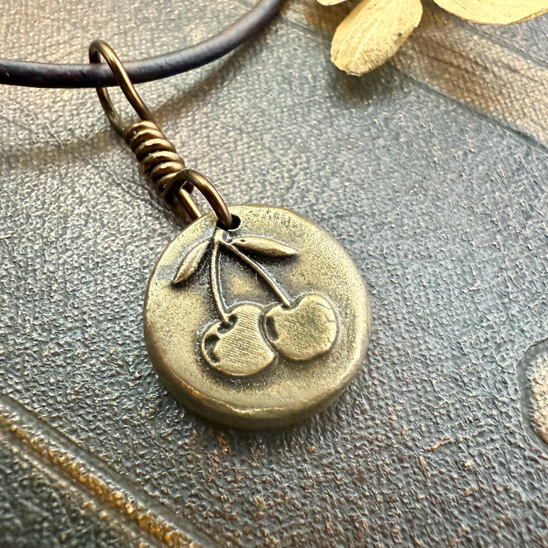 Bronze Cherry Charm, Door County Cherries, Handmade Bronze, Leather Vegan Cords, Wisconsin Cherry Trees, Souvenir Talisman of Door County