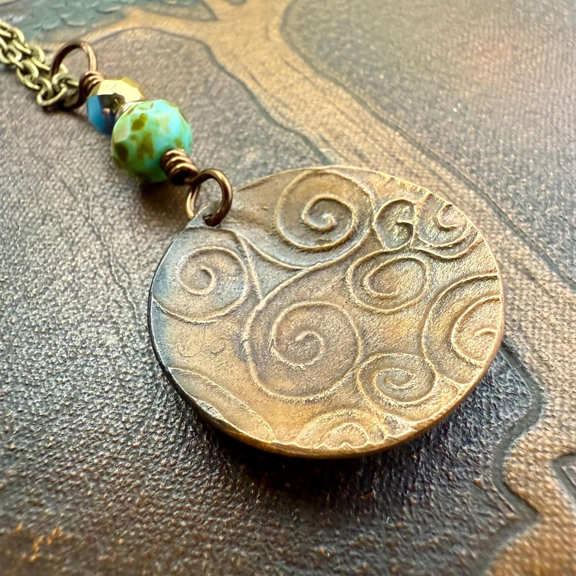 Copper Raven Pendant, Colorful Patina, Czech Glass Beads, Hand Carved, Irish Celtic Spirals, Celtic Witch Goddess, Crow Corvid Birds, Earthy