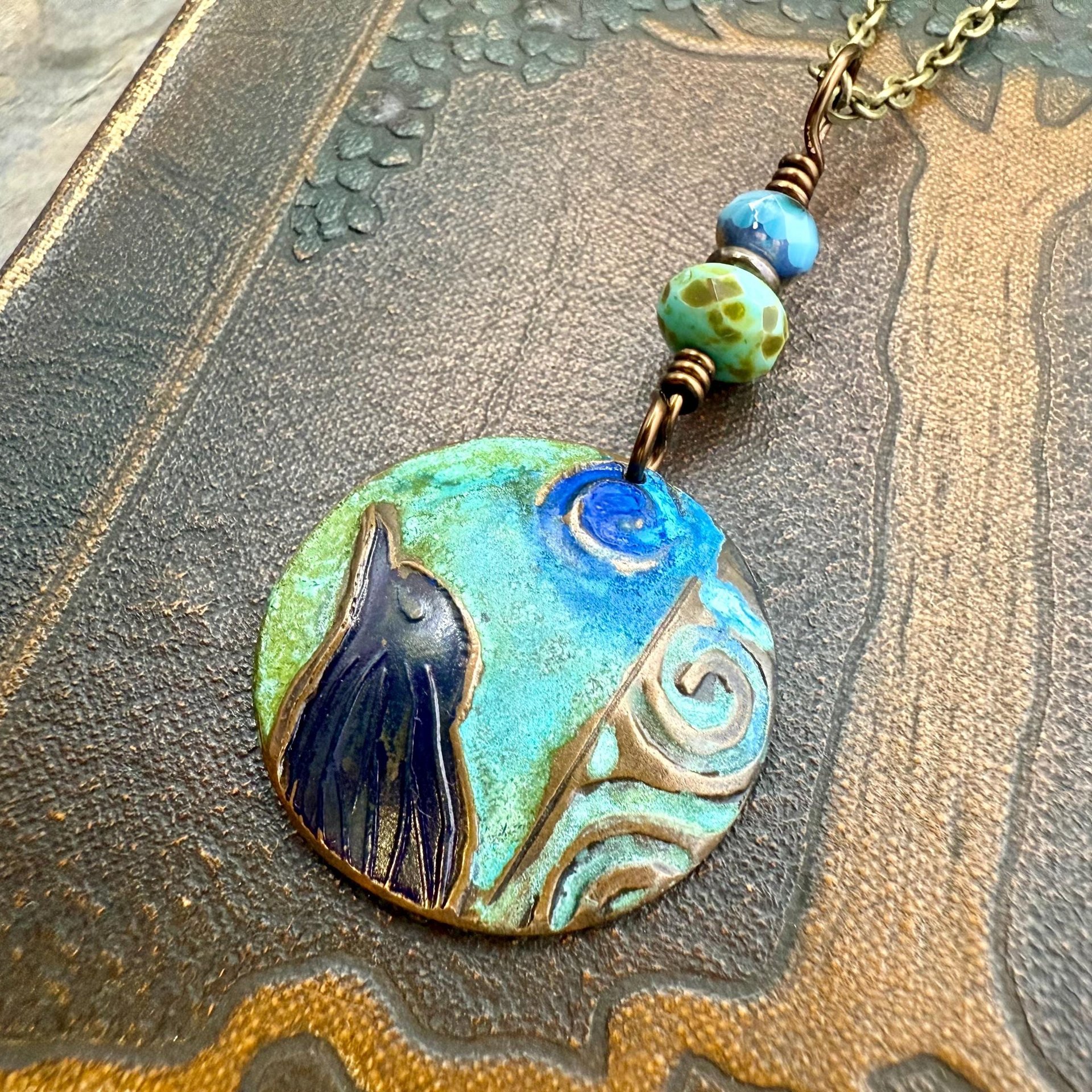 Copper Raven Pendant, Colorful Patina, Czech Glass Beads, Hand Carved, Irish Celtic Spirals, Celtic Witch Goddess, Crow Corvid Birds, Earthy