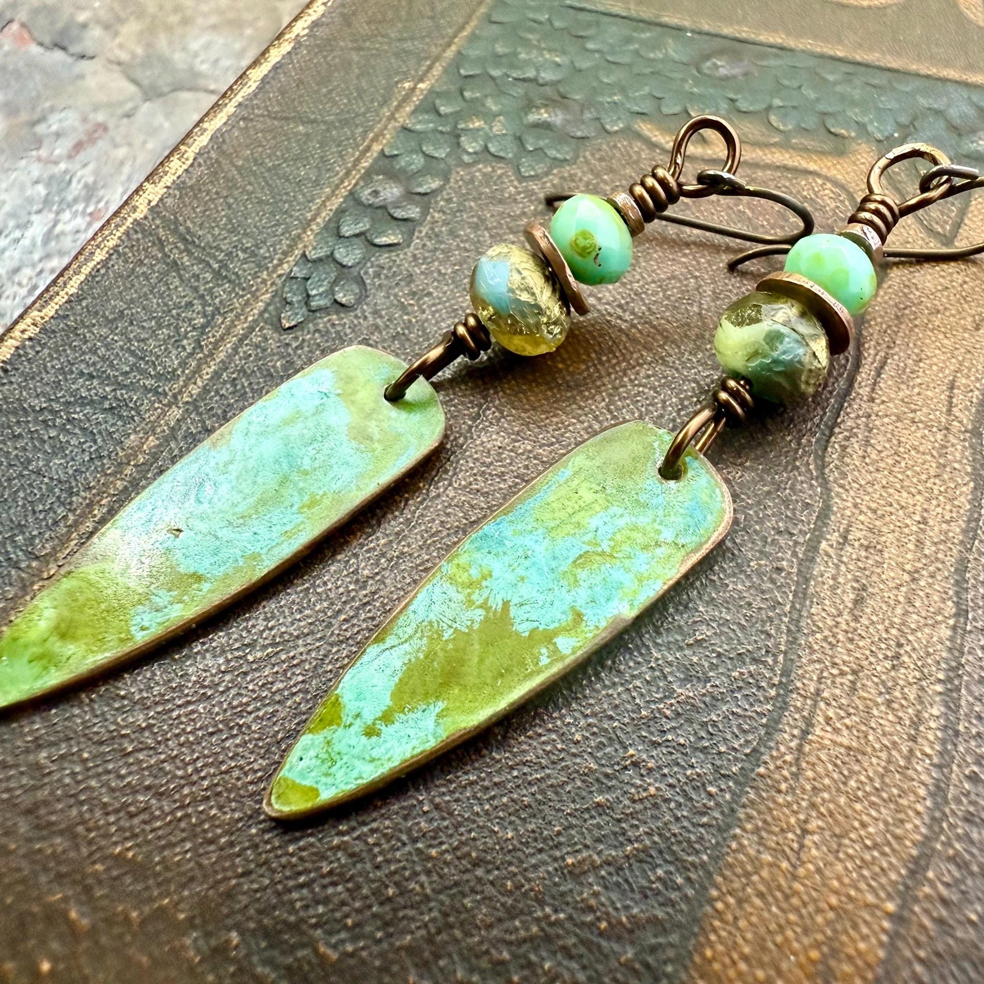 Verdigris Earrings, Copper Patina, Dagger Dangle, Turquoise Beads, Boho Hippie Style, Blue Green Earthy, Soul Harbor Jewelry, Earth Witch