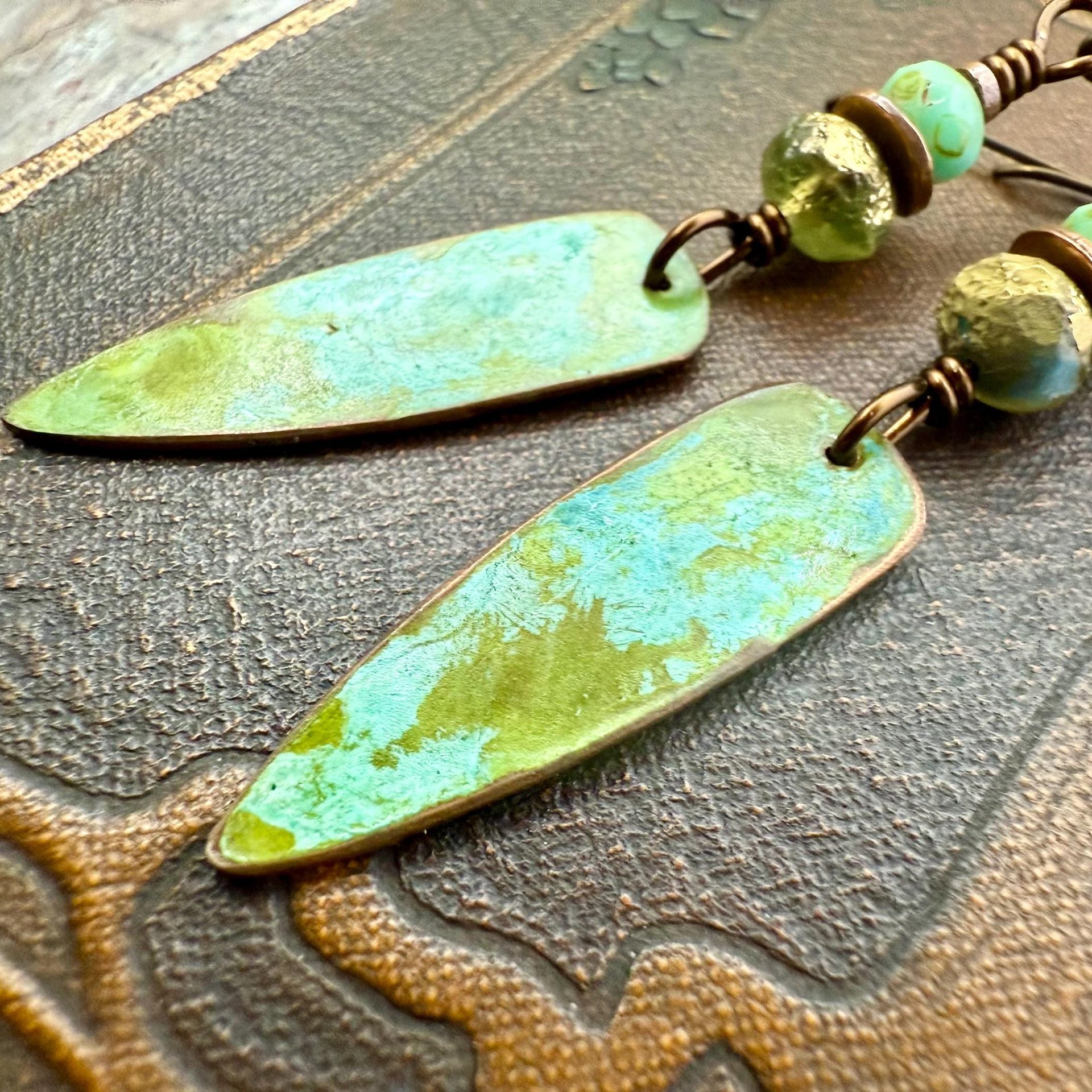 Verdigris Earrings, Copper Patina, Dagger Dangle, Turquoise Beads, Boho Hippie Style, Blue Green Earthy, Soul Harbor Jewelry, Earth Witch