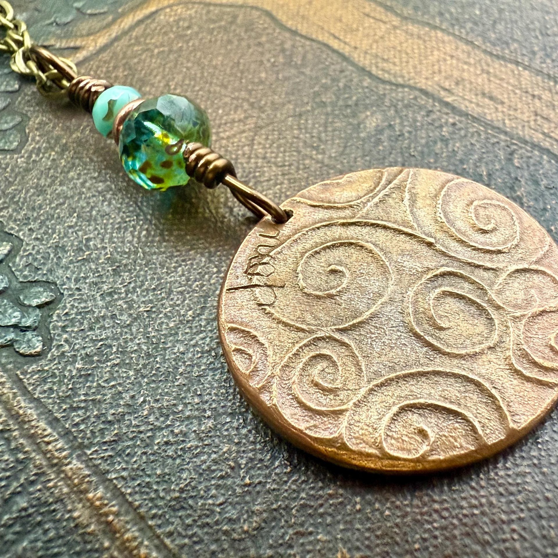 Celtic Sun Spiral Necklace, Copper Patina Pendant, Czech Glass Beads, Irish Celtic Spirals, Colorful Sun, Pagan Celtic Witch, Sun Goddess
