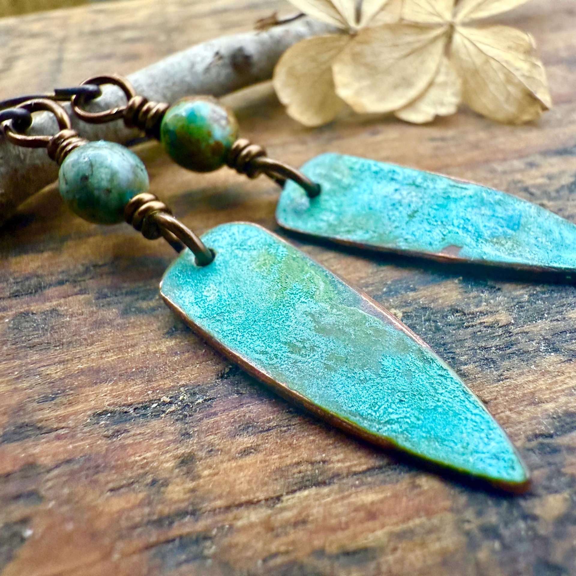 Verdigris Earrings, Copper Patina, Dagger Dangle, Turquoise Beads, Boho Hippie Style, Blue Green Earthy, Soul Harbor Jewelry, Earth Witch