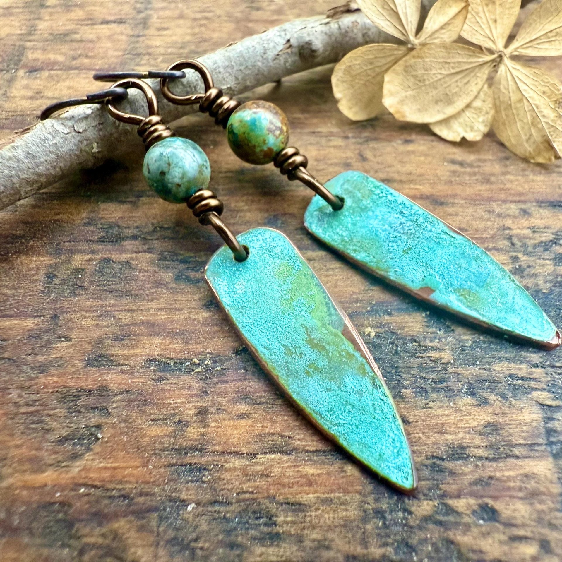 Verdigris Earrings, Copper Patina, Dagger Dangle, Turquoise Beads, Boho Hippie Style, Blue Green Earthy, Soul Harbor Jewelry, Earth Witch