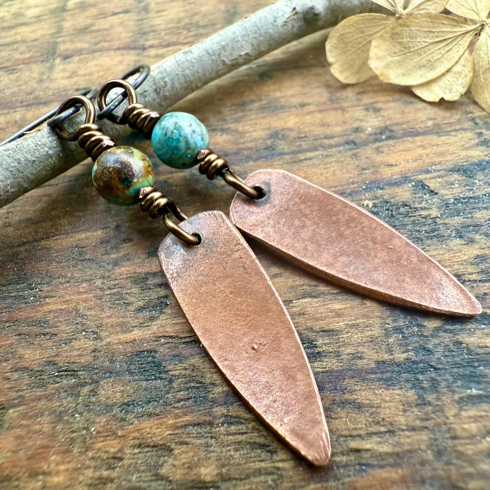 Verdigris Earrings, Copper Patina, Dagger Dangle, Turquoise Beads, Boho Hippie Style, Blue Green Earthy, Soul Harbor Jewelry, Earth Witch