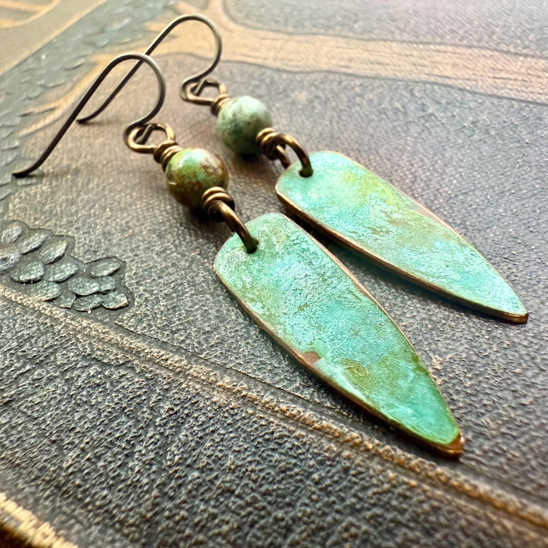 Verdigris Earrings, Copper Patina, Dagger Dangle, Turquoise Beads, Boho Hippie Style, Blue Green Earthy, Soul Harbor Jewelry, Earth Witch