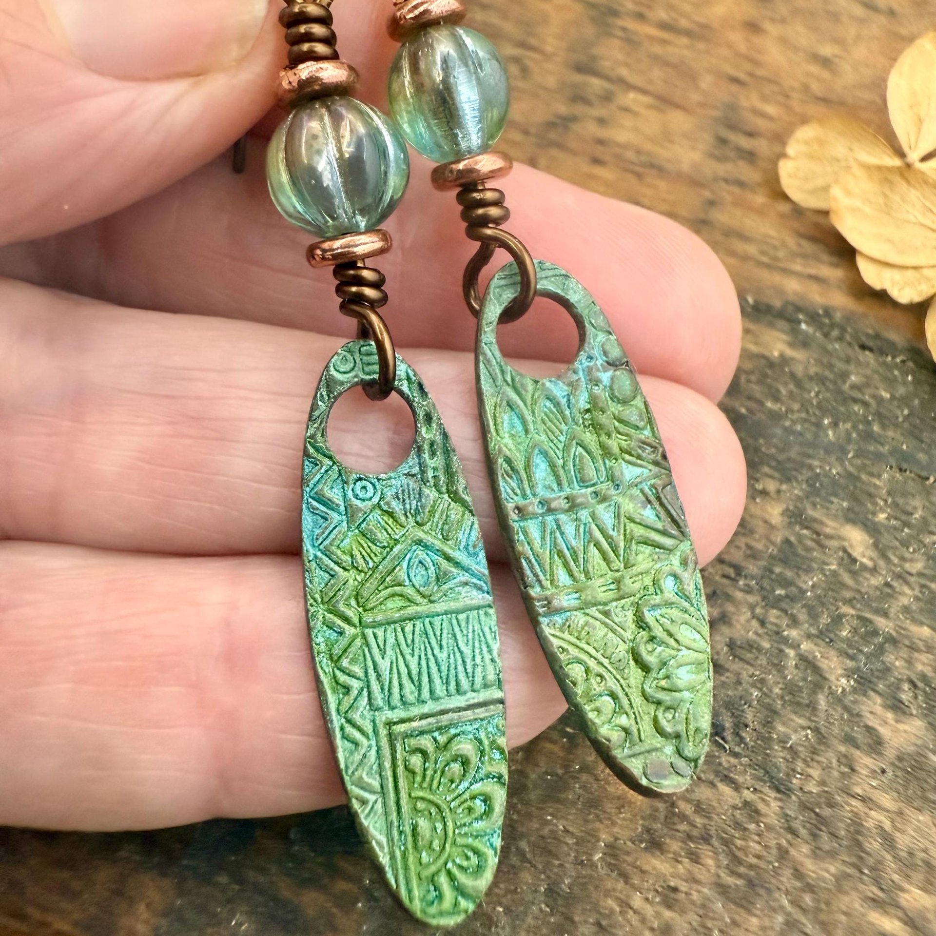 Tribal Verdigris Earrings, Copper Patina, Czech Glass Beads, Boho Hippie Dangles, Green Witch, Blue Green Earthy, Soul Harbor Jewelry
