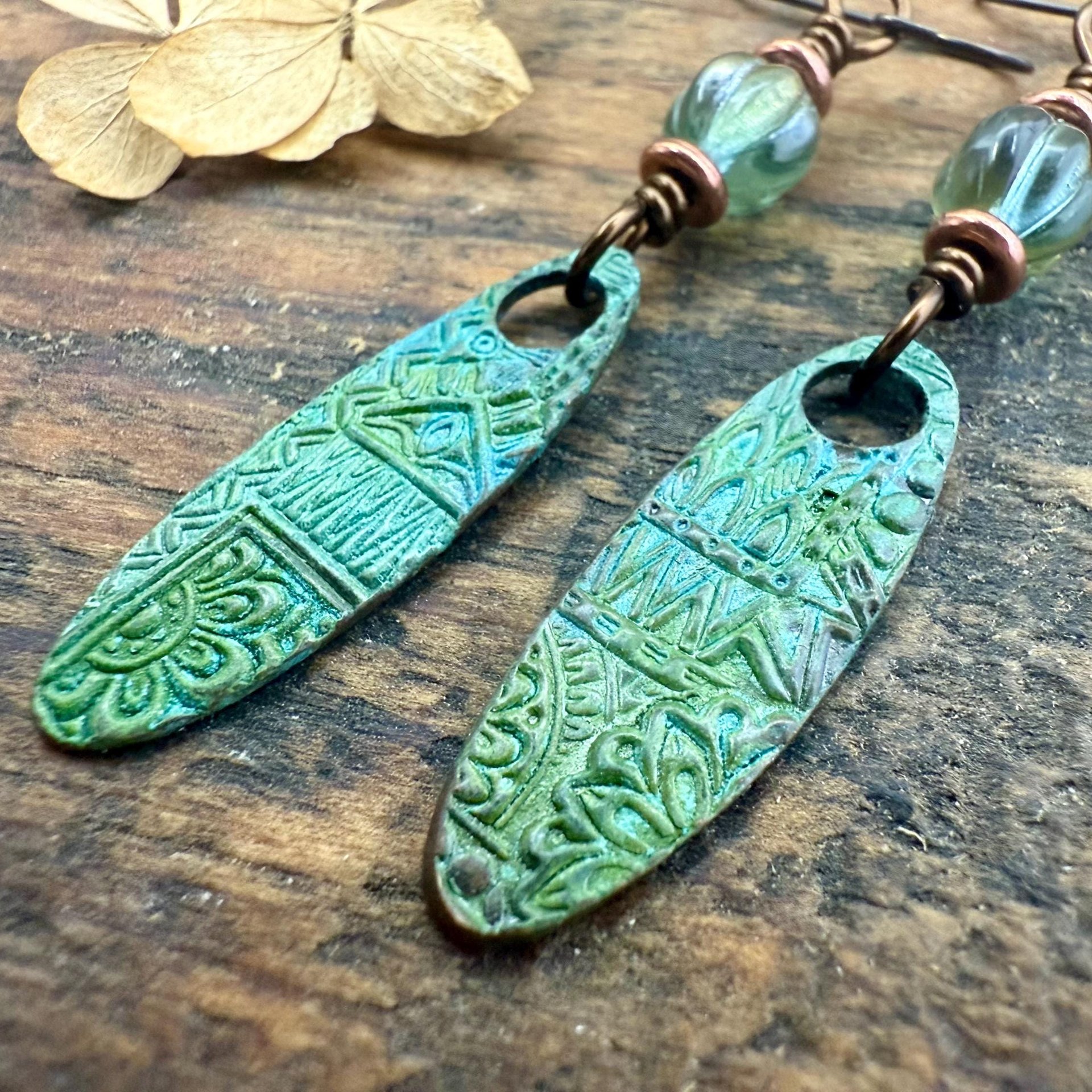 Tribal Verdigris Earrings, Copper Patina, Czech Glass Beads, Boho Hippie Dangles, Green Witch, Blue Green Earthy, Soul Harbor Jewelry