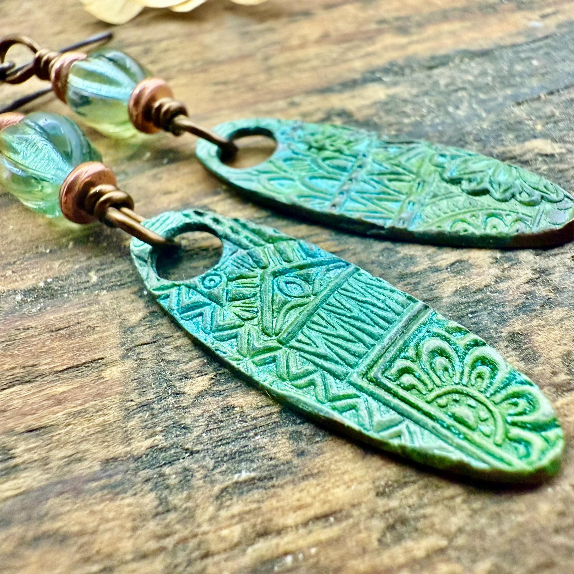 Tribal Verdigris Earrings, Copper Patina, Czech Glass Beads, Boho Hippie Dangles, Green Witch, Blue Green Earthy, Soul Harbor Jewelry