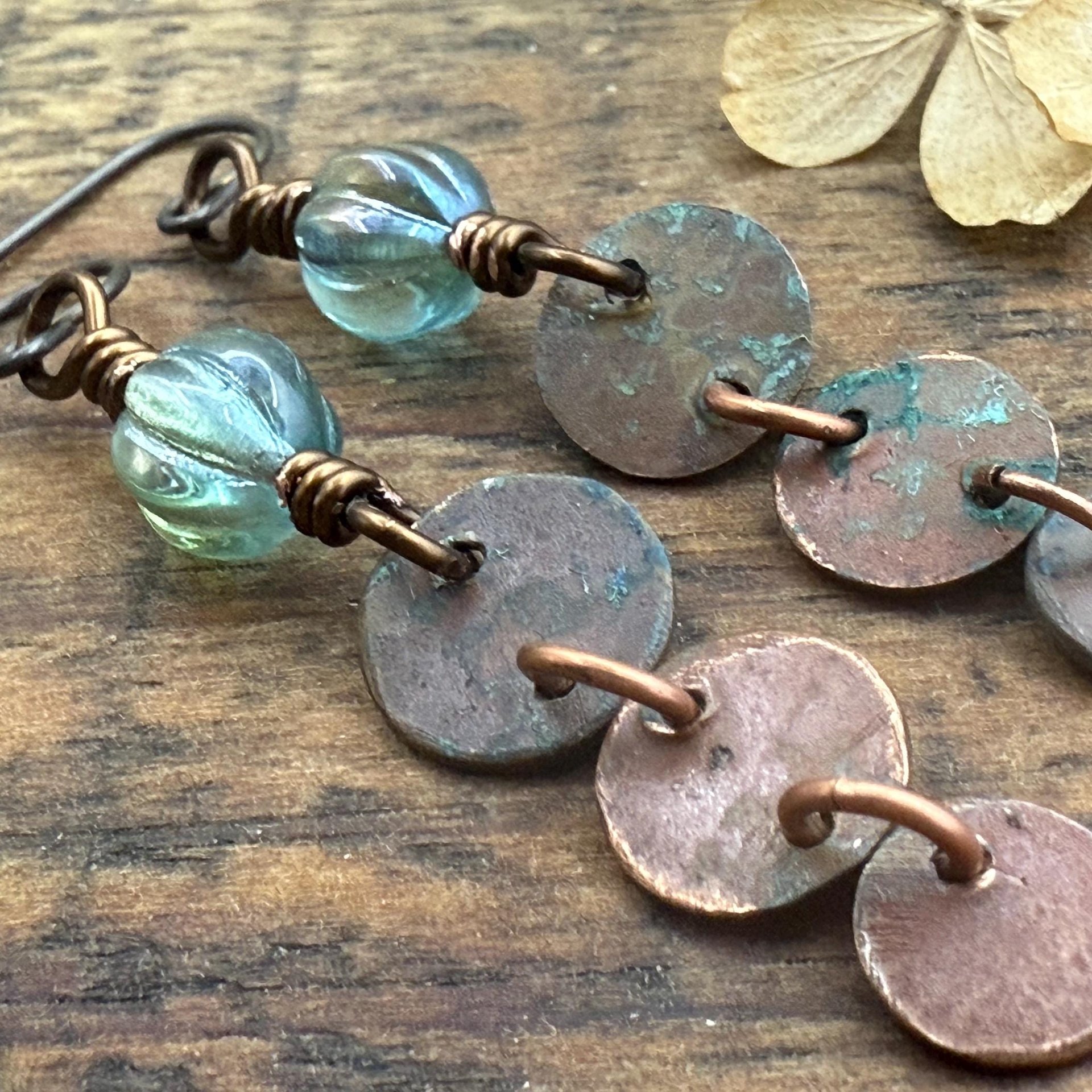 Copper Dangle Earrings, Patina Color, Czech Glass Beads, Hypoallergenic Ear Wires, Earthy Tribal, Boho Chic Style, Disc Drop Earrings