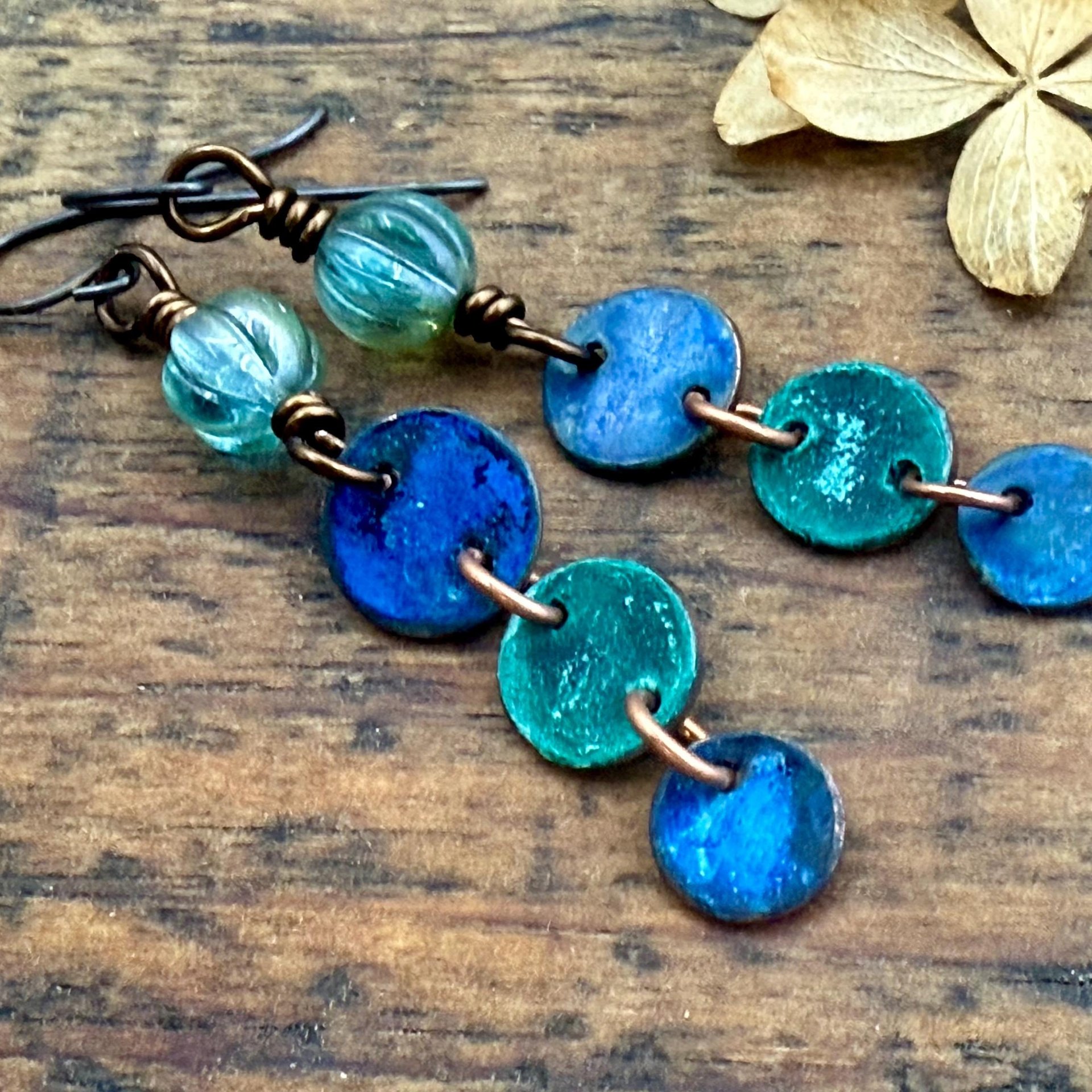 Copper Dangle Earrings, Patina Color, Czech Glass Beads, Hypoallergenic Ear Wires, Earthy Tribal, Boho Chic Style, Disc Drop Earrings