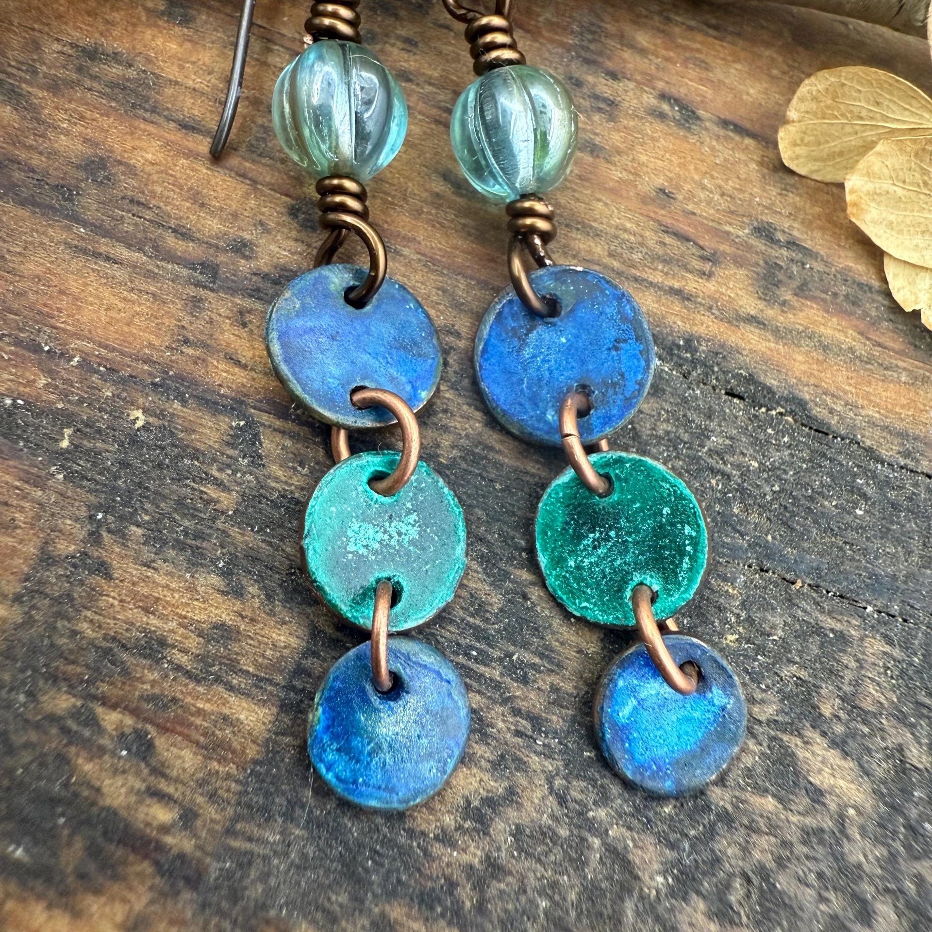 Copper Dangle Earrings, Patina Color, Czech Glass Beads, Hypoallergenic Ear Wires, Earthy Tribal, Boho Chic Style, Disc Drop Earrings