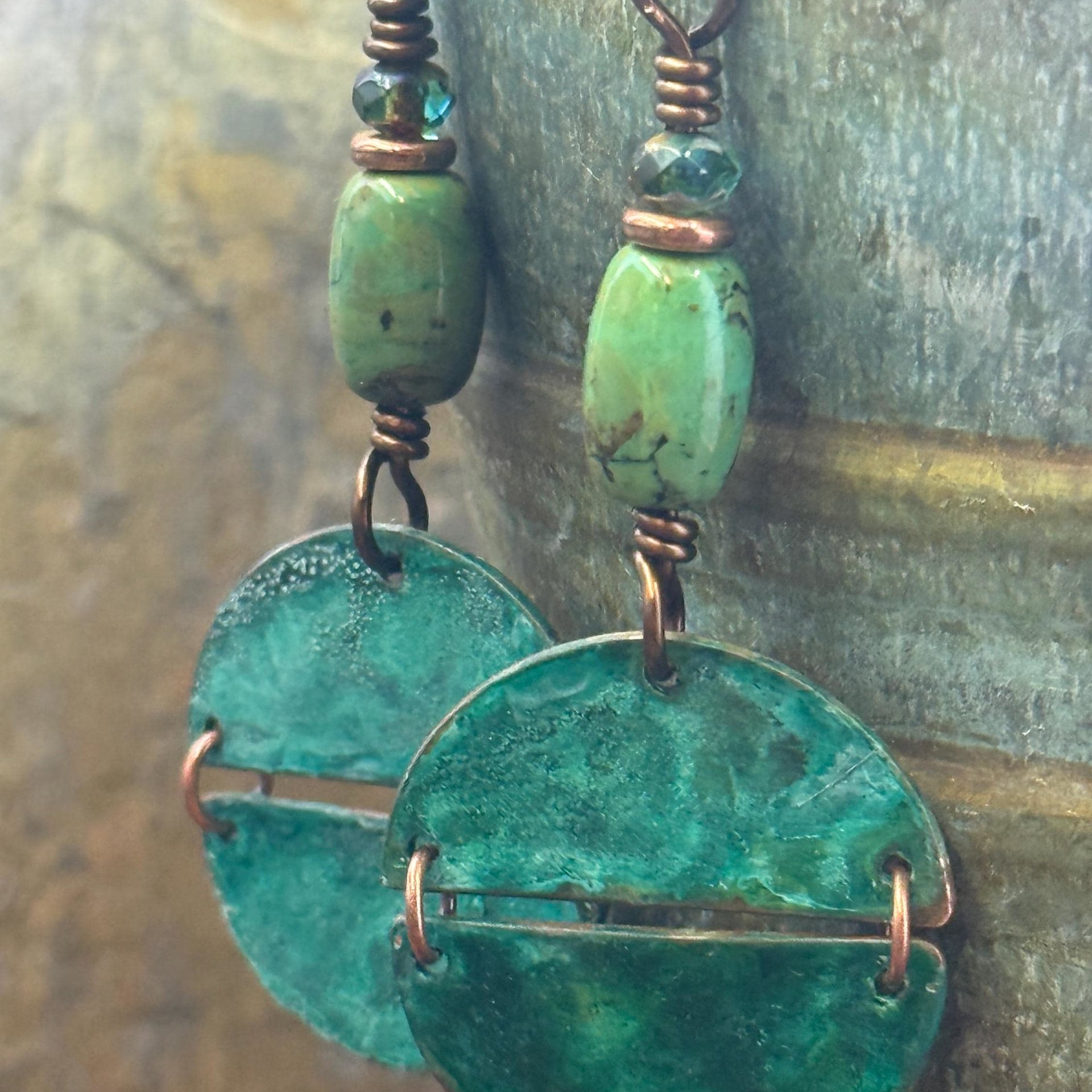 Split Hinged Earrings, Copper Verdigris Patina, Turquoise Beads, Boho Hippie Dangles, Green Witch, Blue Green Earthy, Rustic Art jewelry
