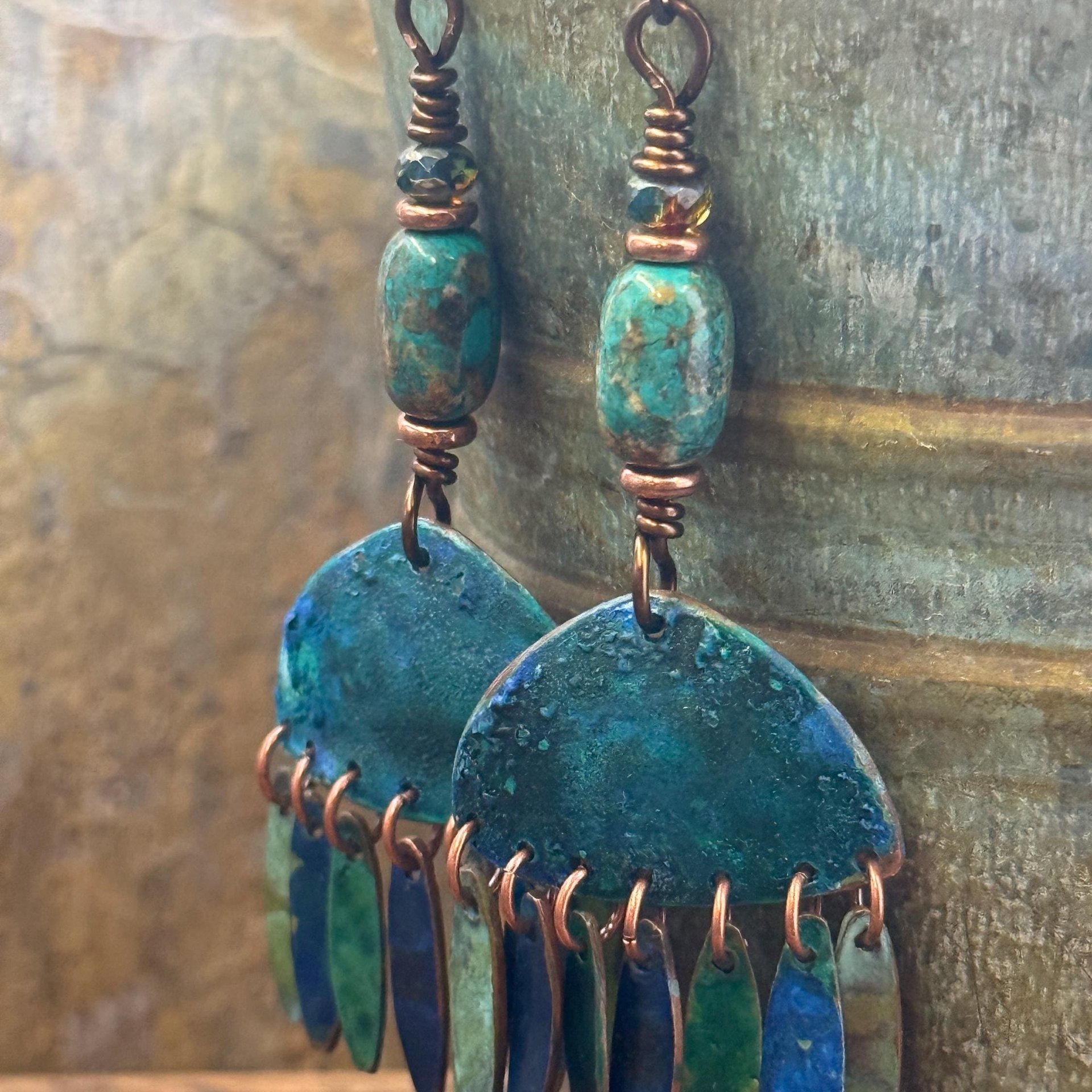 Chandelier Dangle Earrings, Copper & Colorful Patina, African Turquoise Beads, Hypoallergenic Ear Wire, Earthy Rustic, Bohemian, Art Jewelry