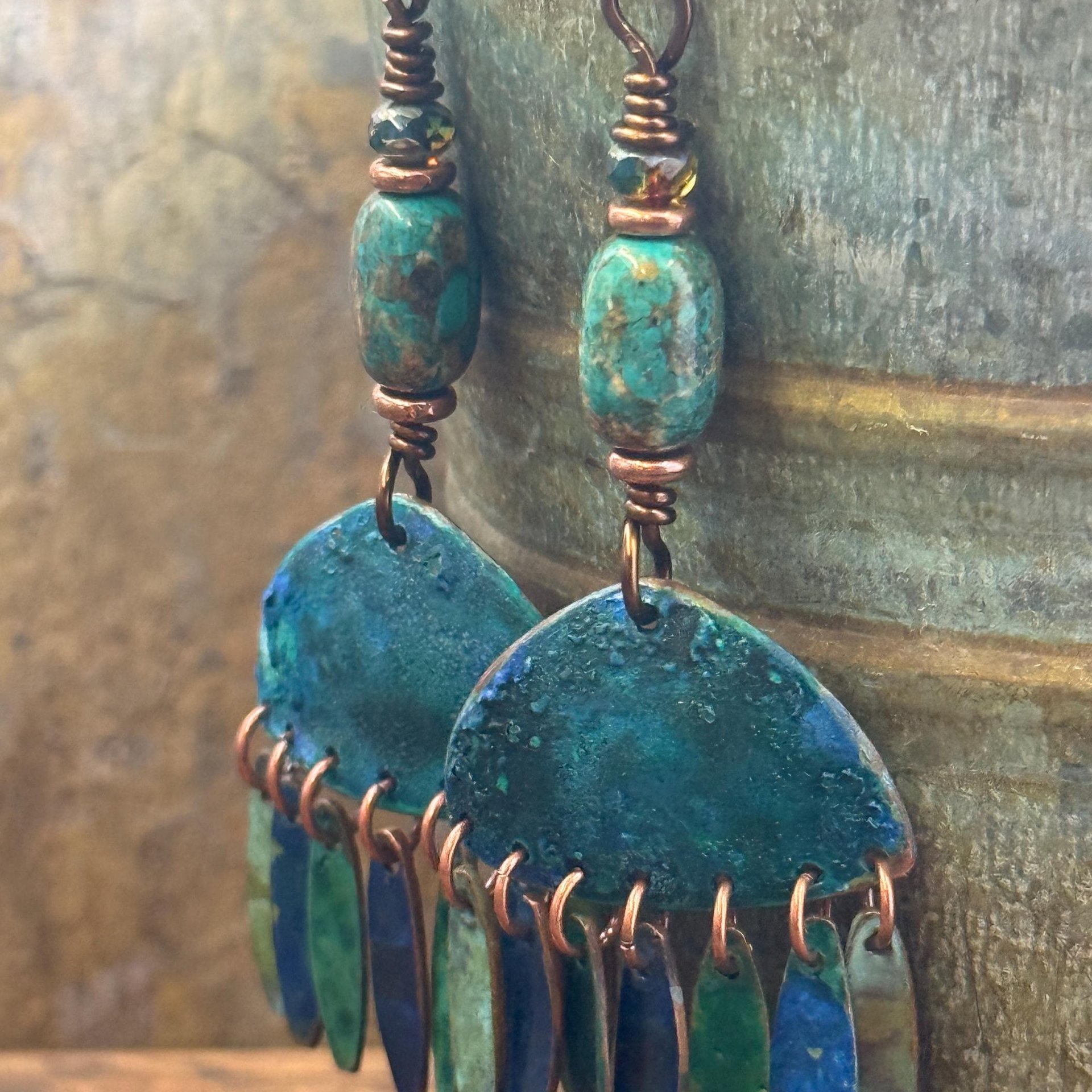 Chandelier Dangle Earrings, Copper & Colorful Patina, African Turquoise Beads, Hypoallergenic Ear Wire, Earthy Rustic, Bohemian, Art Jewelry