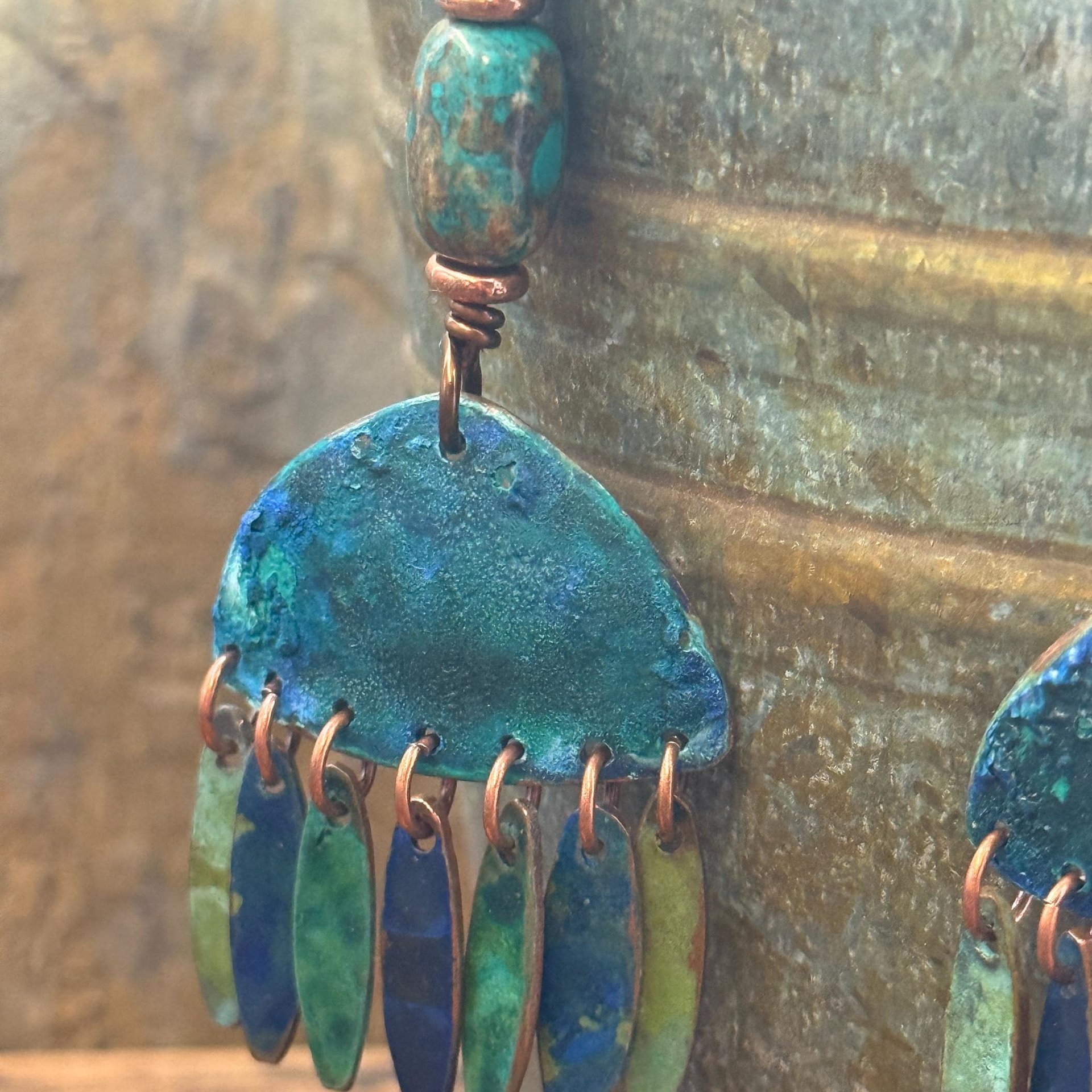Chandelier Dangle Earrings, Copper & Colorful Patina, African Turquoise Beads, Hypoallergenic Ear Wire, Earthy Rustic, Bohemian, Art Jewelry