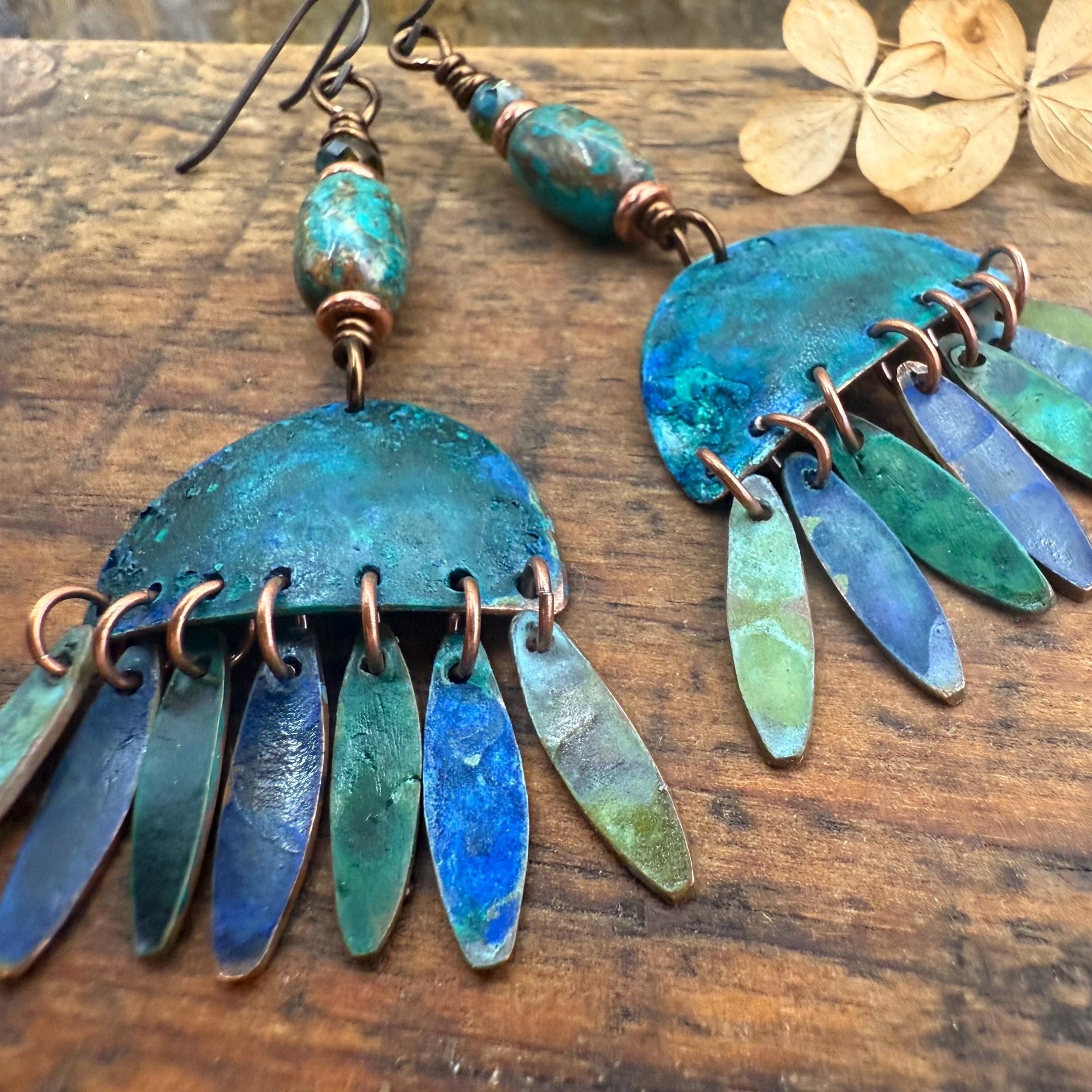 Chandelier Dangle Earrings, Copper & Colorful Patina, African Turquoise Beads, Hypoallergenic Ear Wire, Earthy Rustic, Bohemian, Art Jewelry