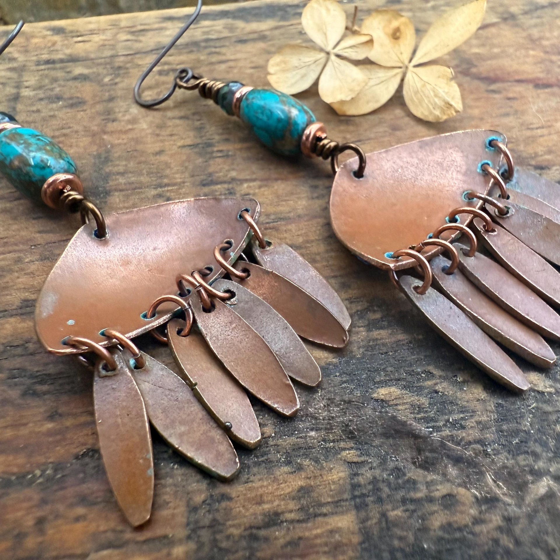 Chandelier Dangle Earrings, Copper & Colorful Patina, African Turquoise Beads, Hypoallergenic Ear Wire, Earthy Rustic, Bohemian, Art Jewelry