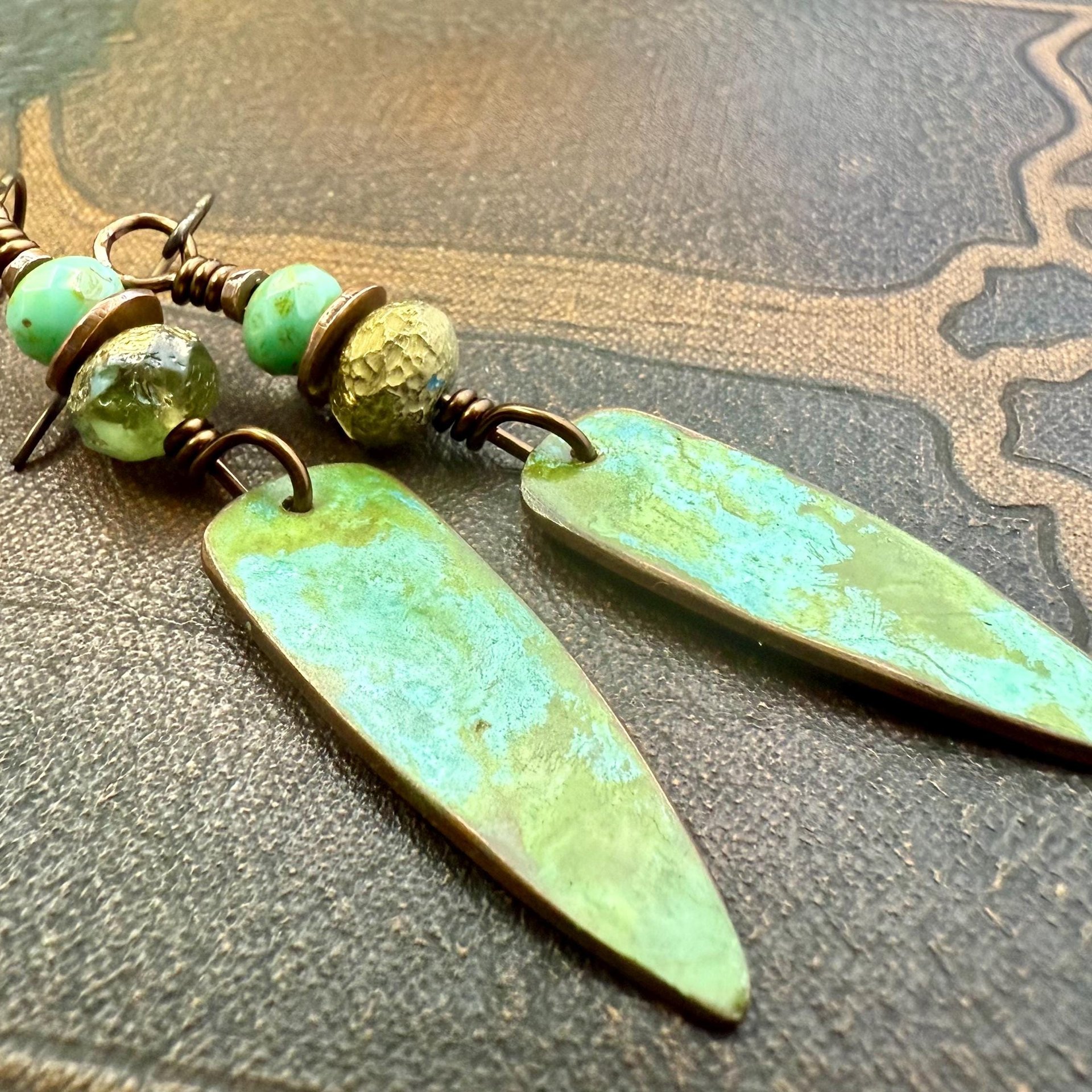 Verdigris Earrings, Copper Patina, Dagger Dangle, Turquoise Beads, Boho Hippie Style, Blue Green Earthy, Soul Harbor Jewelry, Earth Witch