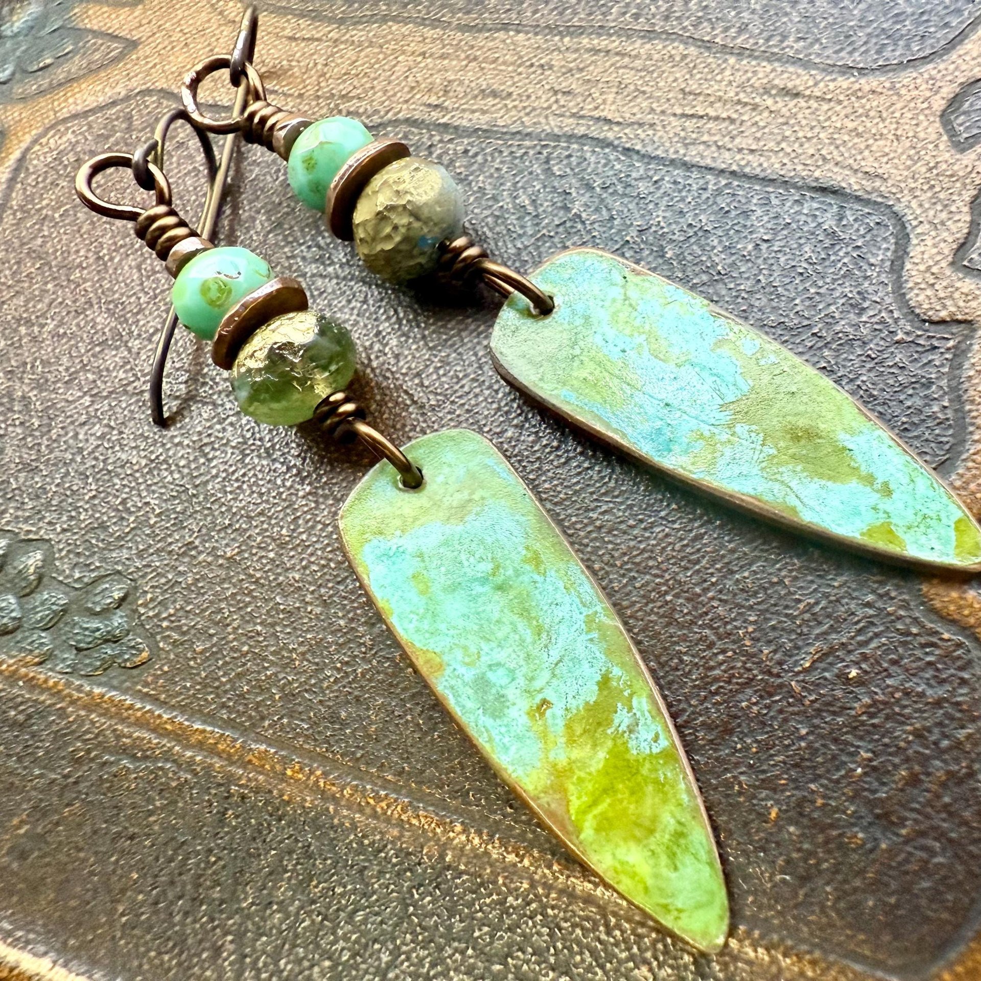 Verdigris Earrings, Copper Patina, Dagger Dangle, Turquoise Beads, Boho Hippie Style, Blue Green Earthy, Soul Harbor Jewelry, Earth Witch