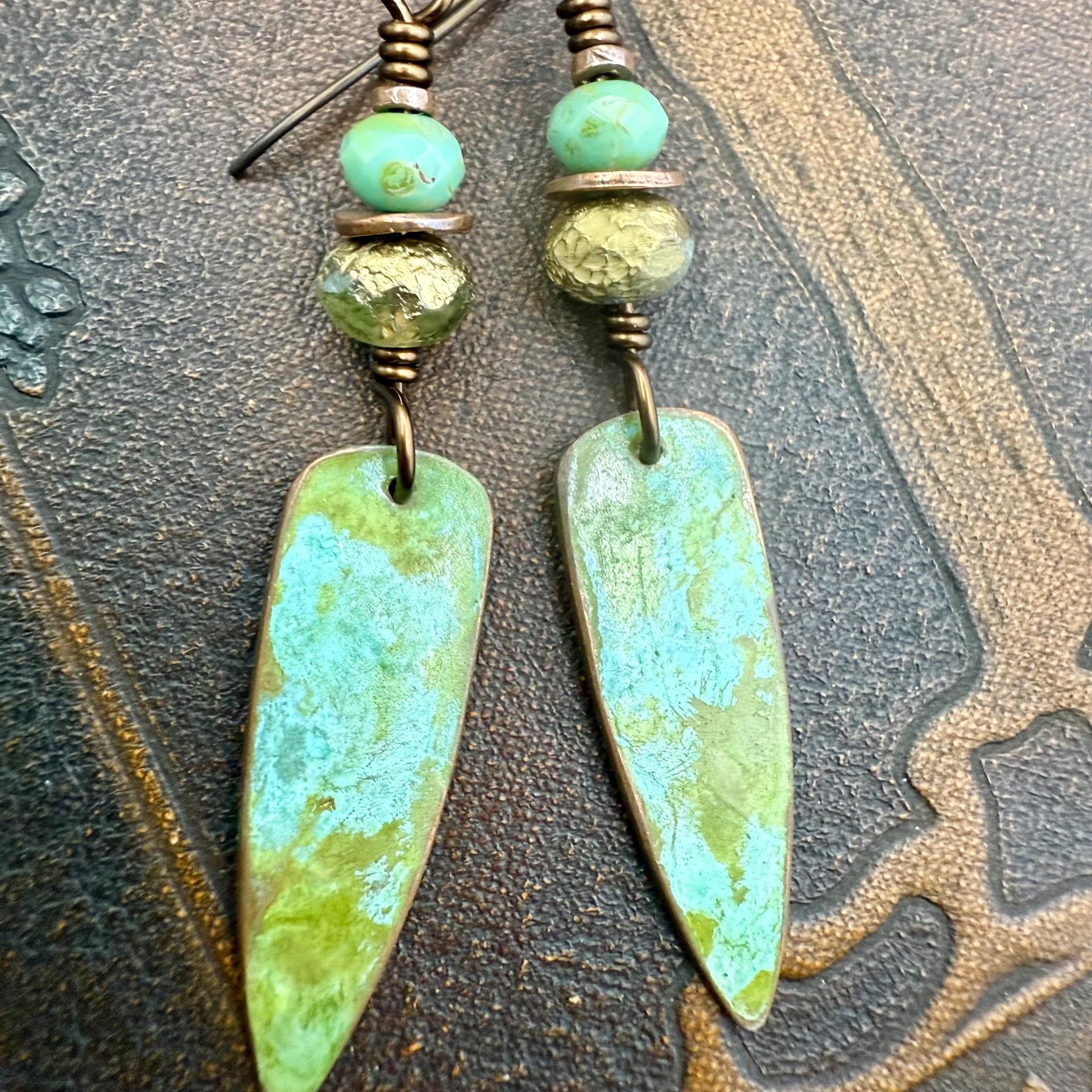 Verdigris Earrings, Copper Patina, Dagger Dangle, Turquoise Beads, Boho Hippie Style, Blue Green Earthy, Soul Harbor Jewelry, Earth Witch