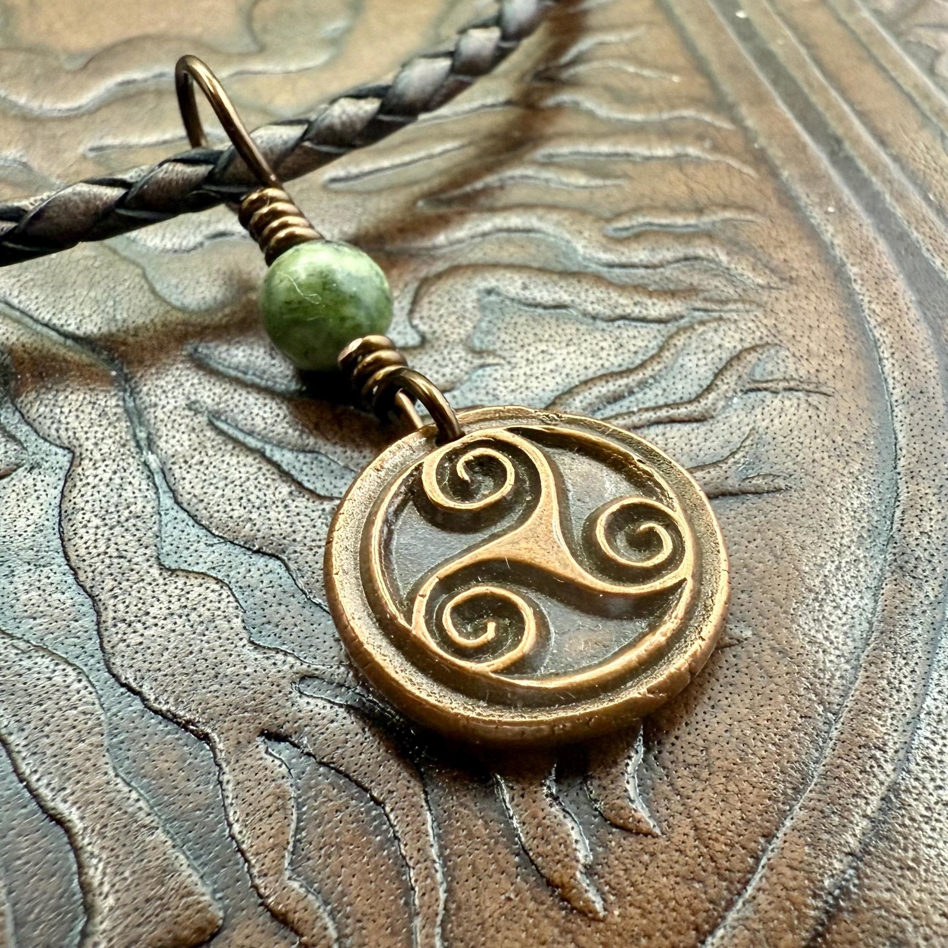 Triskele Charm, Copper Necklace, Wax Seal Charm, Connemara Marble, Irish Celtic Pagan, 7 Anniversary, Celtic Witch, Triskelion Triple Spiral