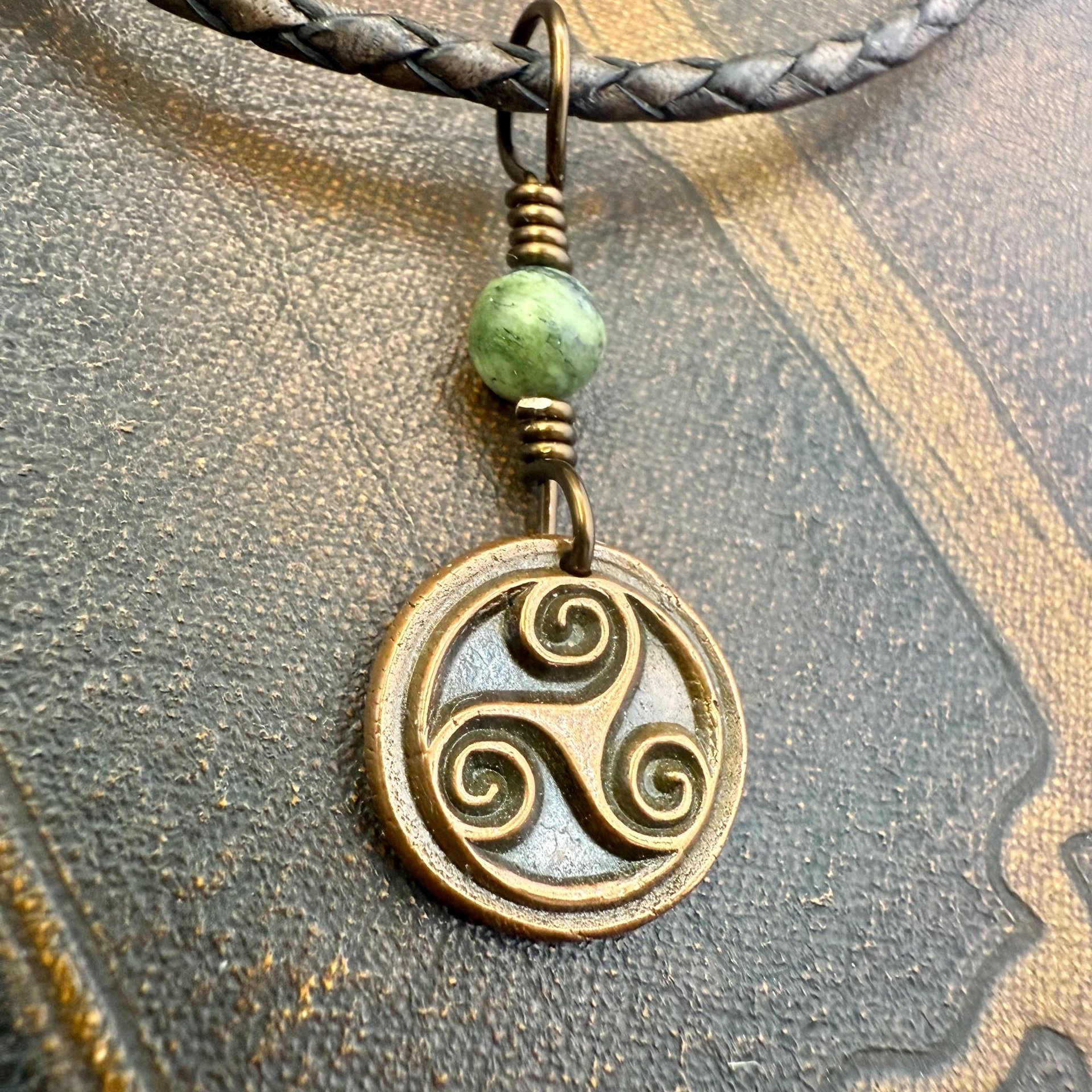 Triskele Charm, Copper Necklace, Wax Seal Charm, Connemara Marble, Irish Celtic Pagan, 7 Anniversary, Celtic Witch, Triskelion Triple Spiral