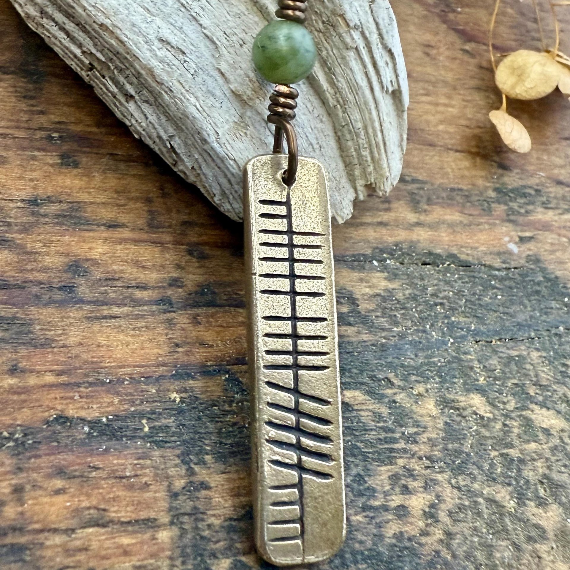 Believe Ogham Necklace, Creid Irish Gaelic, Bronze Bar Charm, Connemara Marble, Irish Celtic, Hand Carved Pendant, Soul Harbor Jewelry